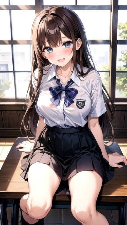 1 girl、solo、Long Hair、milk、Looking at the camera、blush、smile、Open your mouth、shirt、巨milk、skirt、Brown Hair、ribbon、underwear、Student Uniform、白shirt、whole body、pants、Short sleeve、Side Lock、Thighs、プリーツskirt、shoes、shoes下、indoor、黒skirt、Leg spread、bra、Check pattern、Knee-high、window、ネックribbon、白いshoes下、chair、Check patternskirt、squat、Panty shot、loafers、machine、Wooden floor、shirtをたくし込んでいる、classroom、blackboard、服から見えるbra、Sitting on the floor、Spread your legs in an M shape、Light blue frilly panties、M字Leg spread、Lace panties、Wet and see-through panties、