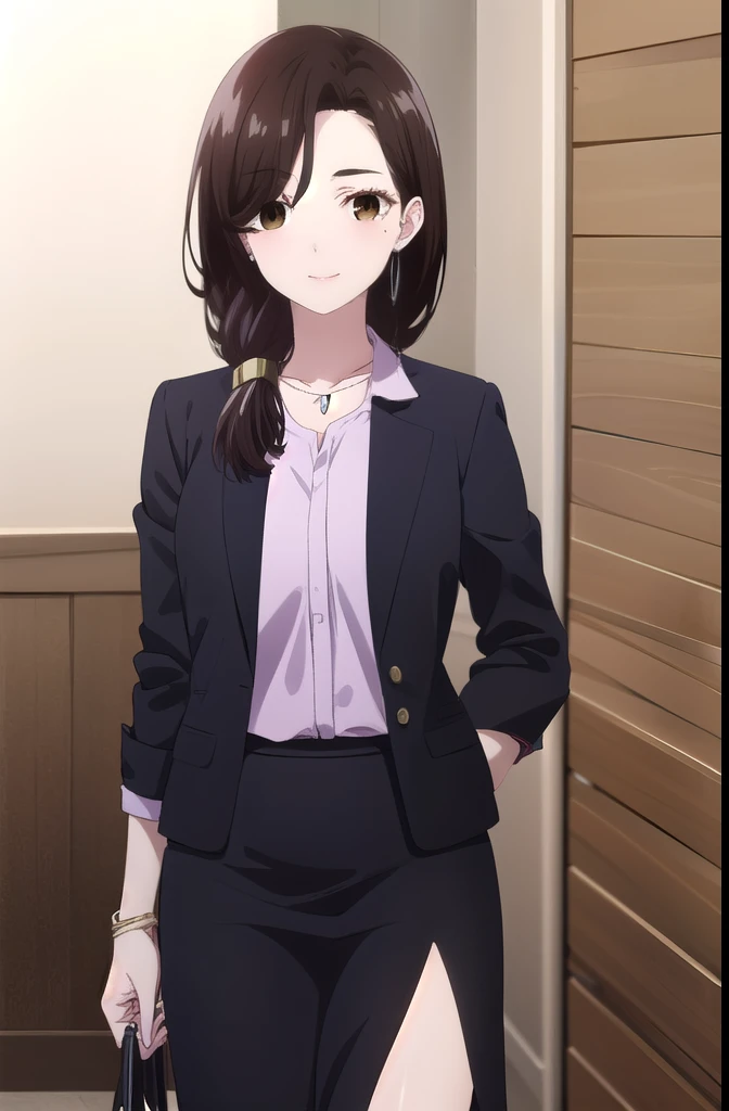 airigotou, airi gotou, long hair, brown hair, (brown eyes:1.5), braid, mole, mole under eye, hair over shoulder, mature female, smile,
BREAK skirt, shirt, jewelry, jacket, pantyhose, black skirt, necklace, black footwear, high heels, bracelet, black jacket, side slit, pencil skirt, purple shirt, office lady,
BREAK indoors, office,
BREAK looking at viewer, (cowboy shot:1.5),
BREAK (masterpiece:1.2), best quality, high resolution, unity 8k wallpaper, (illustration:0.8), (beautiful detailed eyes:1.6), extremely detailed face, perfect lighting, extremely detailed CG, (perfect hands, perfect anatomy),