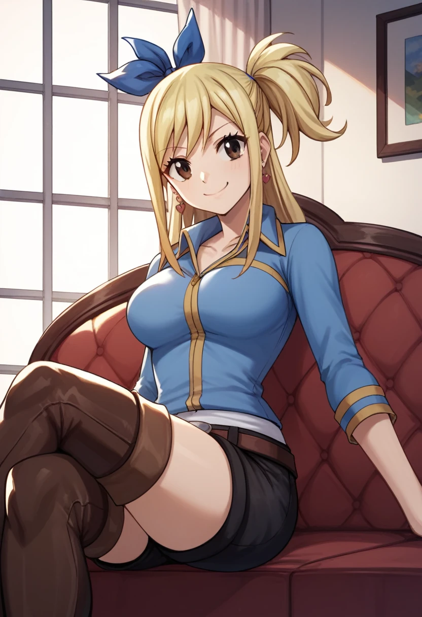 score_9, score_8_up, score_7_up, score_6_up, score_5_up, score_4_up, source_anime, 1girl,lucy heartfilia, smile, blonde hair, long hair, side ponytail, blue ribbon, brown eyes, middle breasts, earrings, thigh high boots, brown boots, blue shirt, black shorts, crossed legs, sit, sofa, room, best quality, best res, 4K UHD,
 