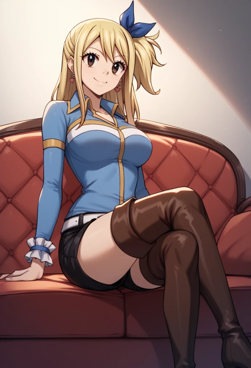 score_9, score_8_up, score_7_up, score_6_up, score_5_up, score_4_up, source_anime, 1girl,lucy heartfilia, smile, blonde hair, long hair, side ponytail, blue ribbon, brown eyes, middle breasts, earrings, thigh high boots, brown boots, blue shirt, black shorts, crossed legs, sit, sofa, room, best quality, best res, 4K UHD,
 