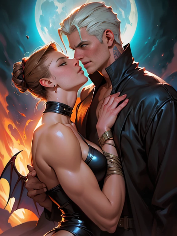 Create a fanart inspired by the following description:
- A blonde woman with blue eyes is sitting in an armchair with her legs crossed.
- She has porcelain skin and rosy lips.
- The setting is a luxurious office.
- Next to her is a muscular and strong man kneeling and kissing her legs. He has burn marks on his arm and the visible part of his face.
- On her opposite side, there is a tall and slim man with black hair and a clown-painted face. He is covered in tattoos and is very attractive.
- The woman is holding a cigar, indicating that she is smoking.