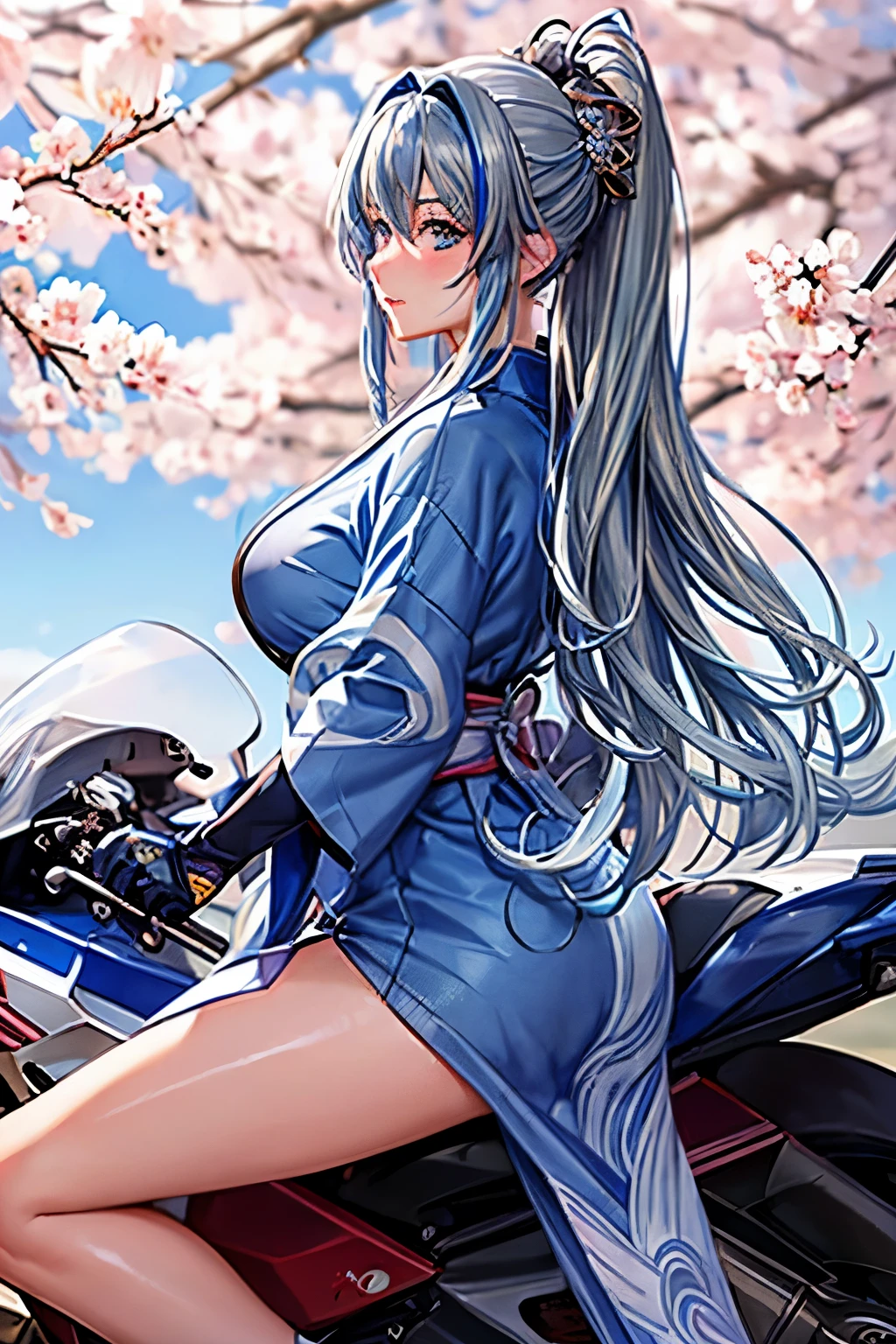 (masterpiece, ultra quality:1.2, 8k, beautiful) , nsfw,(1girl,(riding on motorcycle), (Secret Illustration, (cute, fair skin, (Silver Hair, inner blue hair:0.4, BREAK, long hair, hairs between eyes) ,(Blue streaked hair),blue eyes, blush stickers, BREAK, (wearing formal kimonos),(Shine, Sophisticated))),(sakura trees in full bloom), (Distant view)