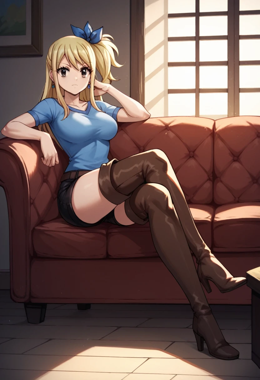 score_9, score_8_up, score_7_up, score_6_up, score_5_up, score_4_up, source_anime, 1girl,lucy heartfilia, blonde hair, long hair, side ponytail, blue ribbon, brown eyes, middle breasts, earrings, thigh boots, brown boots, long heels, blue shirt, black shorts, crossed legs, sit, sofa, room, best quality, best res, 4K UHD,
 