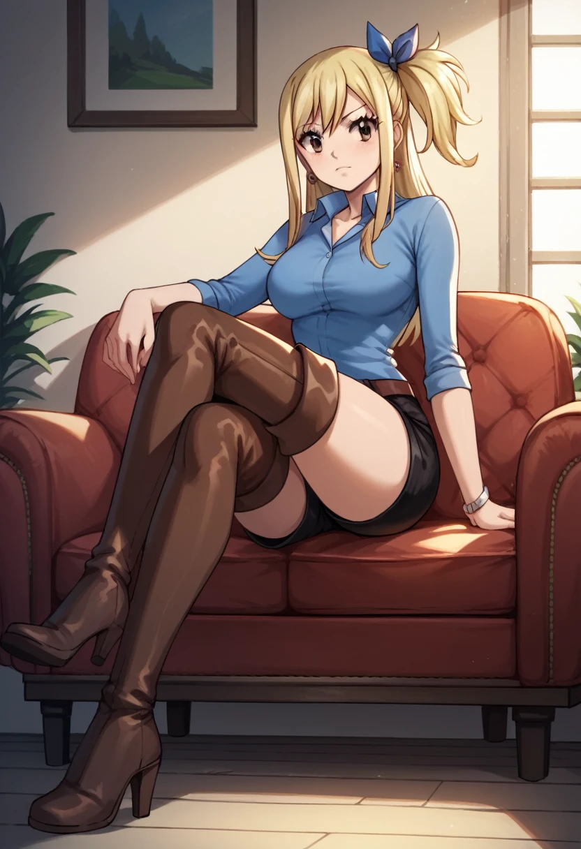 score_9, score_8_up, score_7_up, score_6_up, score_5_up, score_4_up, source_anime, 1girl,lucy heartfilia, blonde hair, long hair, side ponytail, blue ribbon, brown eyes, middle breasts, earrings, thigh boots, brown boots, long heels, blue shirt, black shorts, crossed legs, sit, sofa, room, best quality, best res, 4K UHD,
 