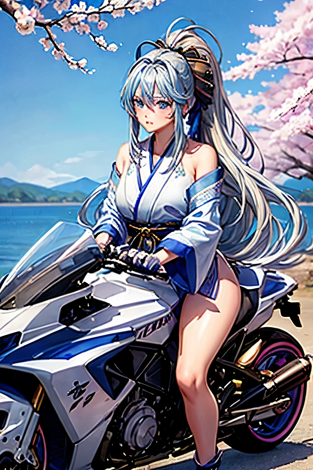 (masterpiece, ultra quality:1.2, 8k, beautiful) , nsfw,(1girl,(riding on motorcycle), (Secret Illustration, (cute, fair skin, (Silver Hair, inner blue hair:0.4, BREAK, long hair, hairs between eyes) ,(Blue streaked hair),blue eyes, blush stickers, BREAK, (wearing formal kimonos),(Shine, Sophisticated))),(sakura trees in full bloom), (Distant view)