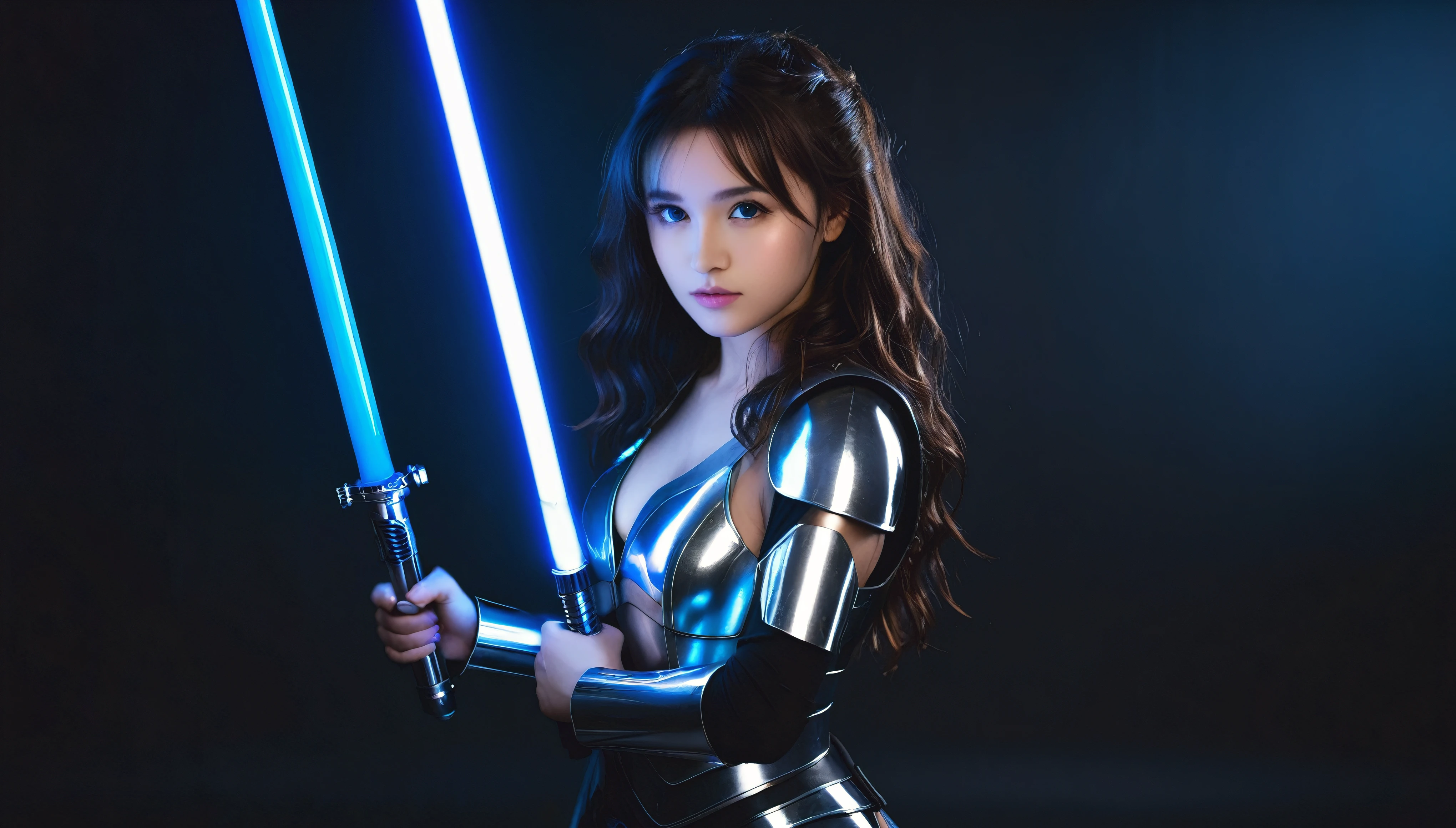 (aesthetic, Realism: 1.3), Professional photographer、Blurred black background:1.5、Photo Studio、Cinema Lighting ,Young women , 20 years old women, (whole body), deep blue wavy flowing hair, holding a very bright blue light saber, super shiny saber, with combat pose, blue eyes, wearing hyper illuminated armor, with lights between the metal parts of the armor , cyberpunk vibe