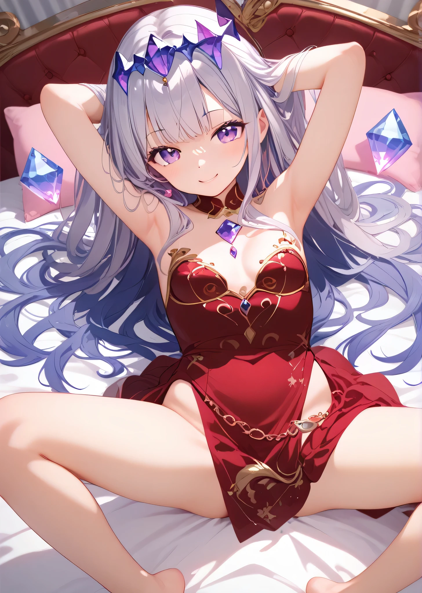 (((Best Quality))),(An unparalleled masterpiece, Side light, Beautiful and beautiful eyes: 1.2), Ultra-realistic 8k CG, Perfect artwork,Very detailed,Confused, Ultra-high resolution, Extremely super detailed,(((nsfw,nude,Full nudity,No clothes))),(((Antique Stone Bijou))),((1 person)),Alone,(((Bright purple eyes,fine grain:1.1))),Long Hair,Silver Hair,Perfect hands,(((Spread your legs,M-shaped legs:1.3))),(((Hands behind head,Sideshow))),break,smile,Seductive pose,Seductive pose,breakslender,Hot,cute, Perfectly symmetrical face, 超cutegirl, 超cuteface, Very detailedな目,Ultra detailed hair, 超cute, so beautiful,bed,(((Beautiful breasts,Small chest,Cleavage:1.3)))