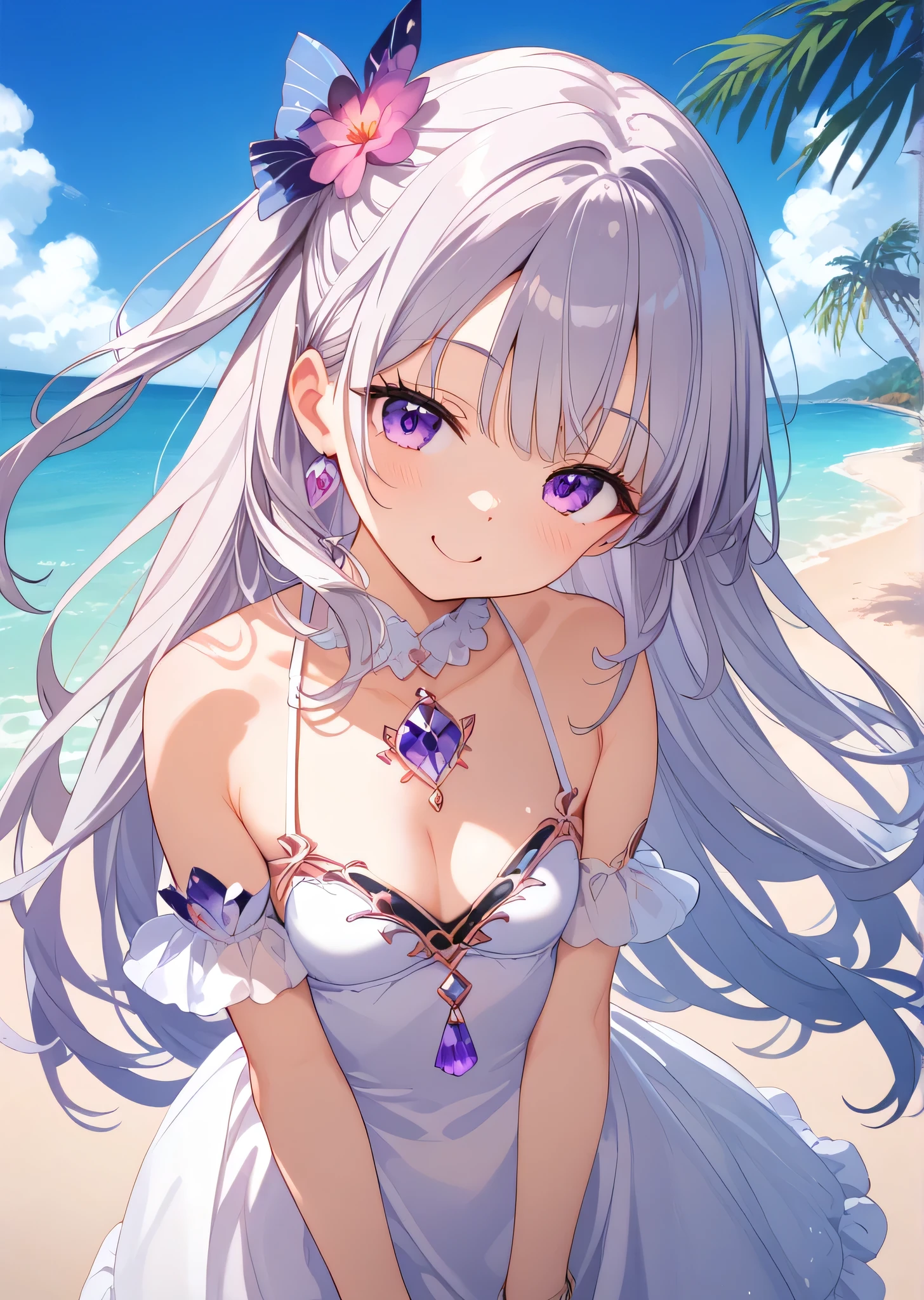 (((Best Quality))),(An unparalleled masterpiece, Side light, Beautiful and beautiful eyes: 1.2), Ultra-realistic 8k CG, Perfect artwork,Very detailed,Confused, Ultra-high resolution, Extremely super detailed,(((Antique Stone Bijou))),((1 person)),Alone,(White Bikini:1.3),(((Bright purple eyes,fine grain:1.1))),Long Hair,Silver Hair,Perfect hands,(Standing),break,smile,Seductive pose,Seductive pose,breakslender,Hot,cute, Perfectly symmetrical face, 超cutegirl, 超cuteface, Very detailedな目,Ultra detailed hair, 超cute, so beautiful,coastalで, coastal,Beach,(((Beautiful breasts,Small chest,Cleavage:1.3)))