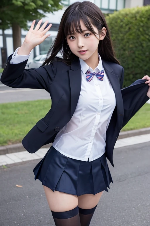 Girl Walking On School Zone Street,Navy blue long-sleeved leotard,Dark red bow tie and white collar,White tights,School bag,Hair Bow,18year old,Bangs,A little smile,thighs thighs thighs thighs,Crotch,Knees,Ponytail,From below