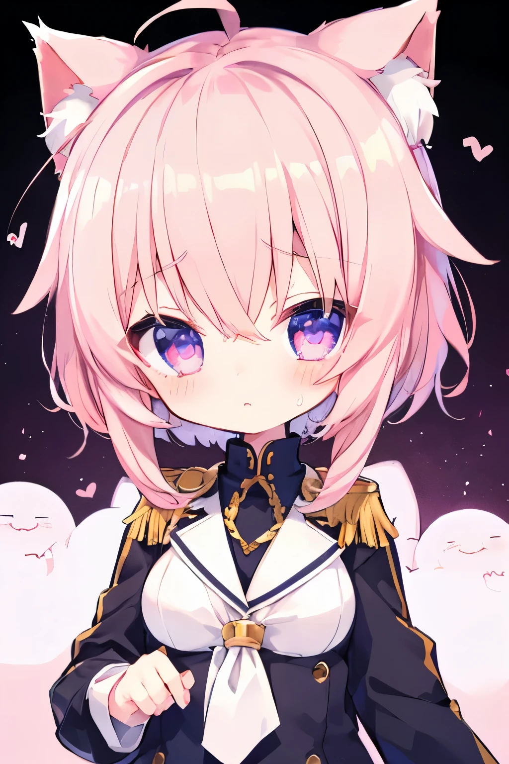 Navy Uniform、、Light pink hair,Very beautiful and Shining Eyes、Shining Eyes、1 girl、Large Breasts、cat ears、(((((Small body)))))、heart❤、((sweat、vapor)）