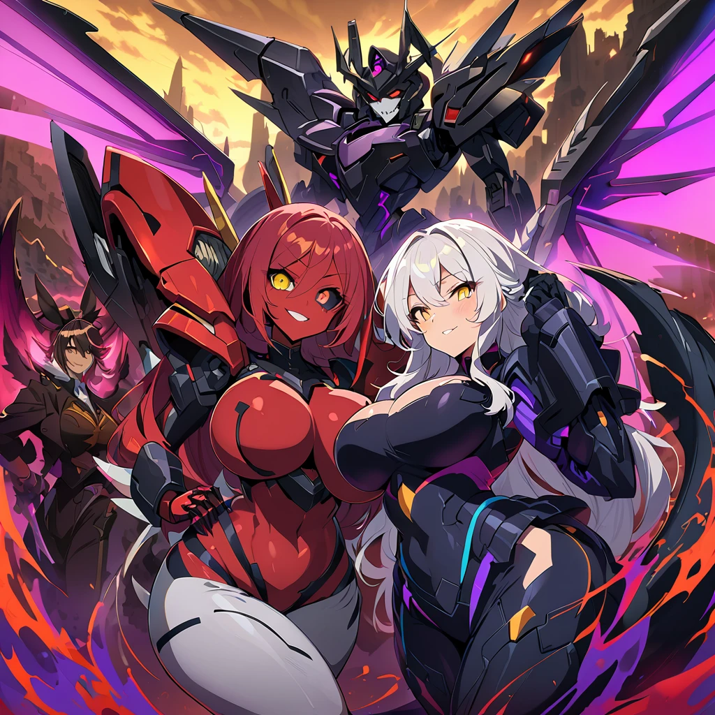 Anime, high detailed, multiple womans, mature womans, dark Ebony mecha armor, large mechanical wings, evil grin, large clawed Gauntlet, red skin, curvy body, long mechanical tail,black sclera、Colored sclera、crimson Colored skin、Yellow Eyes, elongated pupils,  Mature Woman、Black-purple aura、womans surrounding