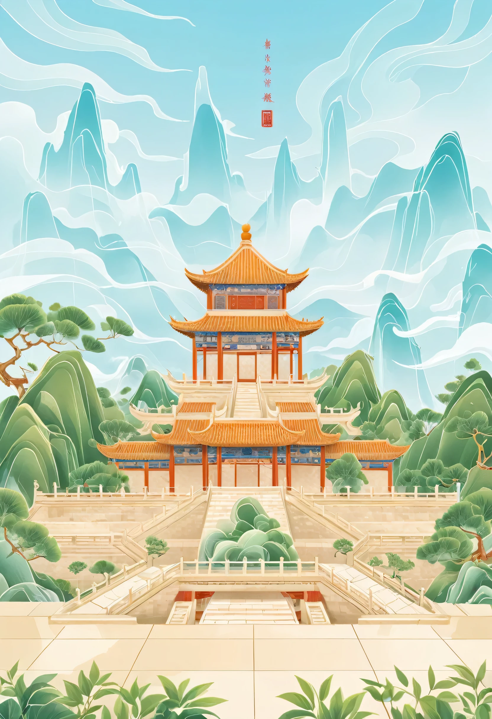 Traditional Chinese architecture，Beautiful scenery，Illustrations based on lines，Simple and elegant