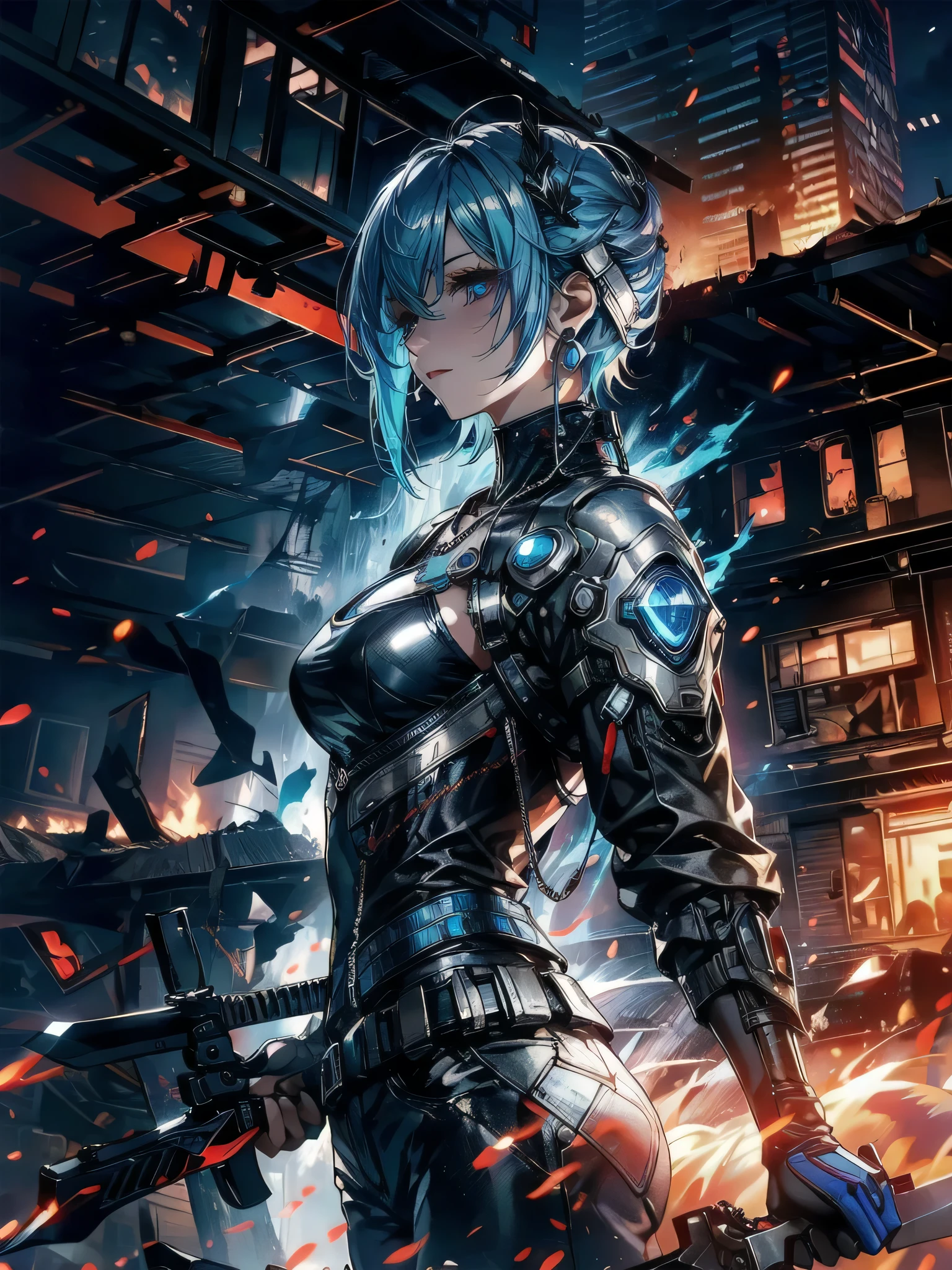 absurdists, RAW Photos, Very delicate and beautiful, masterpiece, Highest quality, Ultra-high resolution, 32K, surreal, Very detailed, cyberpunk world、20-year-old, Delicate facial features,, Earrings, Medium chest, Full Body Shot, Shorten the middle part of the hair, Beautiful Blue Hair, , short Hairstyles、Cyber Tech Suit with realistic texture、The fabric is thin,City background.(night、Rooftop of a burning building:1.5)
Hair in front of eyes, Blue Hair/Light blue hair, Hair that falls over the shoulders, (Carrying a weapon、have a weapons:1.2)(Silver Necklace)(Chest、Waist、The thigh area is translucent.:1.3)