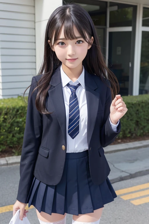 There is a Japanese high school student who is mature and neat.。Beautiful black hair, center parted, semi-long。Wearing a 、On my way home。