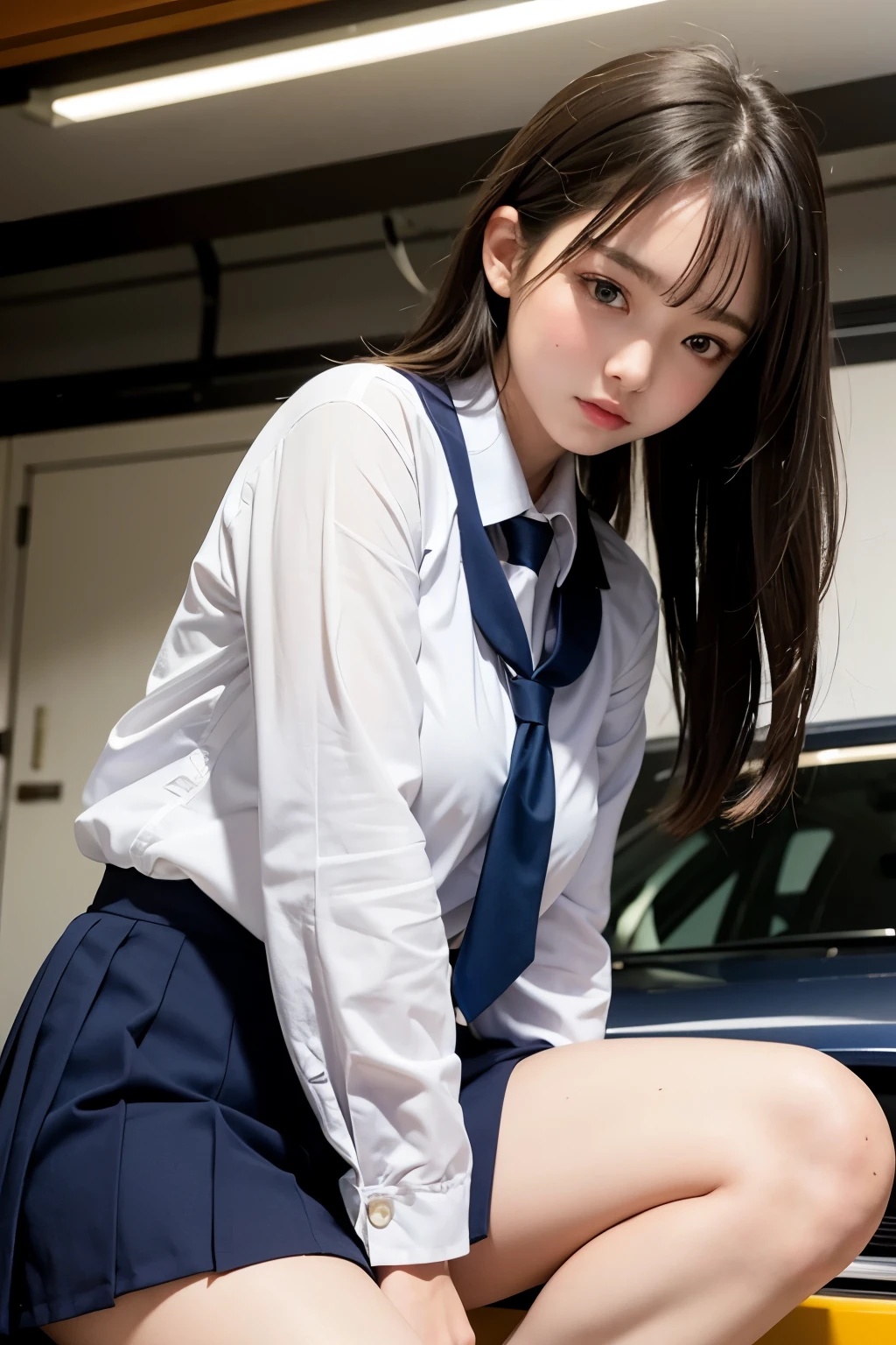 (18yo, young, cute:1.3), (japanese teen 1girl idol:1.2), ultra highres, real skin, Hyperrealism, glistening skin, professional photograph, (absurdres:1.4), 8K, (RAW photo:1.2), (extremely detailed clothing), (extremely detailed legs), best quality, ultra detailed, absolutely resolution, (face is shiny:0.8), (shiny skin:0.8), best hands, nice hands, perfect hands, BREAK、A high school girl in a sailor suit is sitting in a car seat、Flip up your skirt、Showing her white cotton panties、Realistic Skin、Glowing Skin、Sexy look、Long black hair、White short-sleeved sailor suit、Navy Pleated Skirt