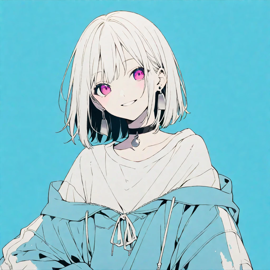 solo, handsome, monotone,
1. Female,
Hime cut,Straight Hair,Bob Hair, 
White hair, 
Nakano Yotsuba,
pink Eyes,Soft look,beautiful,beautiful,Sexy,Lots of silver earrings,choker,
White Off Shoulder,White Distressed jeans, hoodie ,smile,skin,
light blue  background,