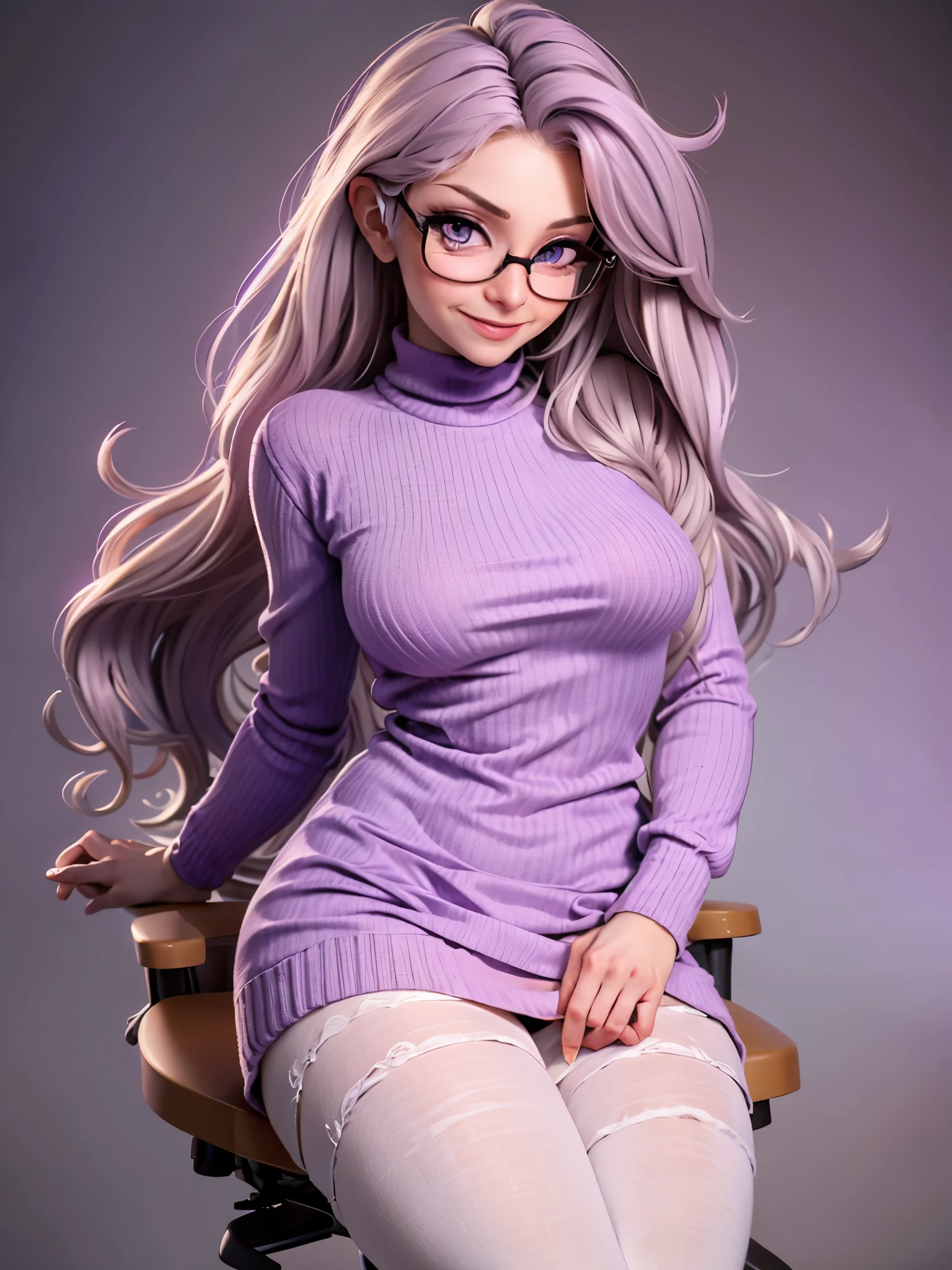 masterpiece, best quality, 1girl, ((looking at viewer)), lilac hair, purple eyes, long hair,  ahoge, sweater, sweater skirt, pantyhose, 163cm, hair between eyes, large breasts, adult, 3, mature, glasses, solo, sole, smile