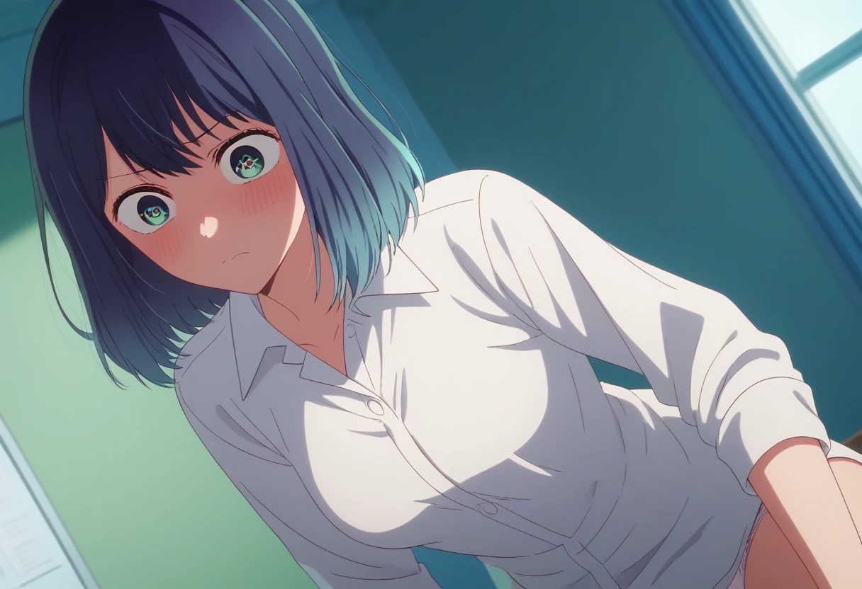 score_9, score_8_up, score_7_up, sauce_anime, ambient light, sunny day,                                                                                                                                                     akane kurokawa, bangs, green eyes , blue hair, medium hair, dark blue hair,  gradient hair ,surprised eyes,, wince, frown,                                                                                                                                    
Nsfw, (undress white dress shirt), , in panties,                                                                                                                                                                                               indoors, school, class room,  (sitting),                                                                                                                                                                                         
cowboy shot,, looking at viewer, solo, dutch angle, blush,,  ,medium breasts,                                                                                                                                                                                                                                                                                  