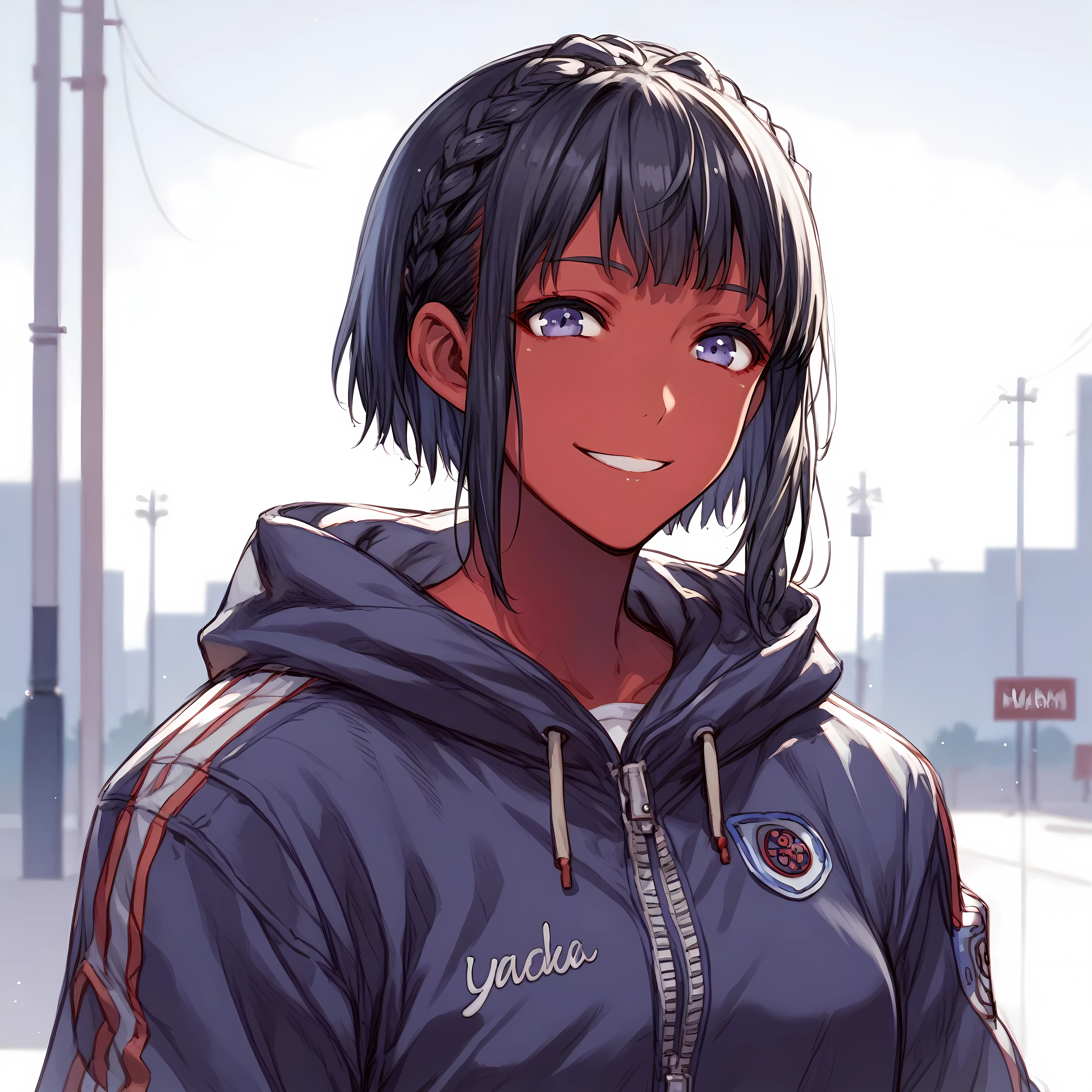 , Yusuke Murata's style, young woman with red skin, black hair cut in a braided bob, African braid, and purple eyes, streetwear clothing. close-up of the face, smile , sketch