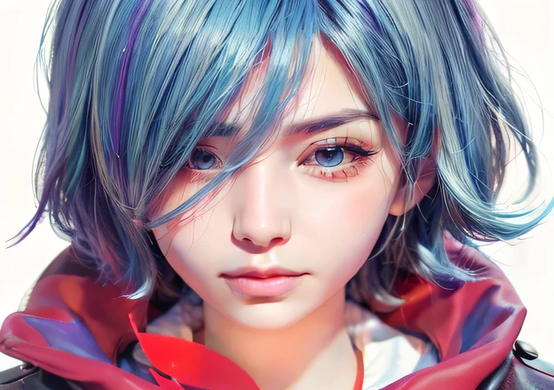 Touka Kirishima, Tokyo Ghoul, Red eyes, The whites of the eyes are black, blue-violet hair, beautiful and calm facial features, short hair covering the left side of her face, red eyes, colored sclera, black sclera, wings, red wings ghoul wings, kagune ، Bright wings, bloody background , Kagune with bright and shiny colors, ghoul eyes