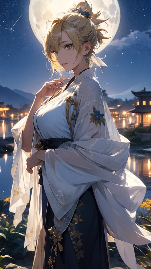 masterpiece, High image quality, 4K, Beautiful design, silhouette，Blonde Mohawk，， 非常に詳細な夜のStarry Sky,Flower Field， wonderful, Delicate details,  Very knowledgeable woman, Highly detailed solo, 1 female,Beautiful Eyes，tears，Big Breasts，white kimono，Night view，Starry Sky，full moon，