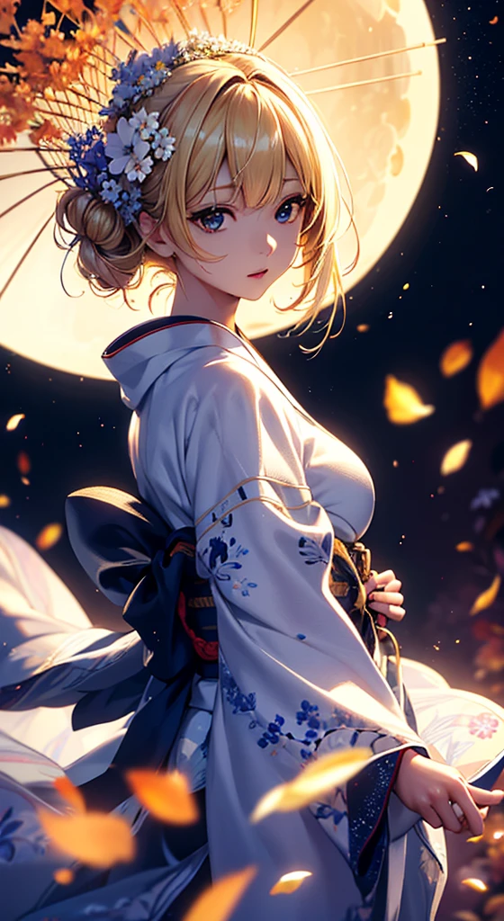 masterpiece, high quality, 4K, Beautiful design, silhouette,blonde, 非常に詳細な夜のStarry Sky,Flower Field, wonderful, Finer details, Very knowledgeable woman, Highly detailed solo, 1 female,Big Breasts,Butt Emphasis,Underwear Line,Yukata in white color,Night view,Starry Sky,full moon,How to sit,