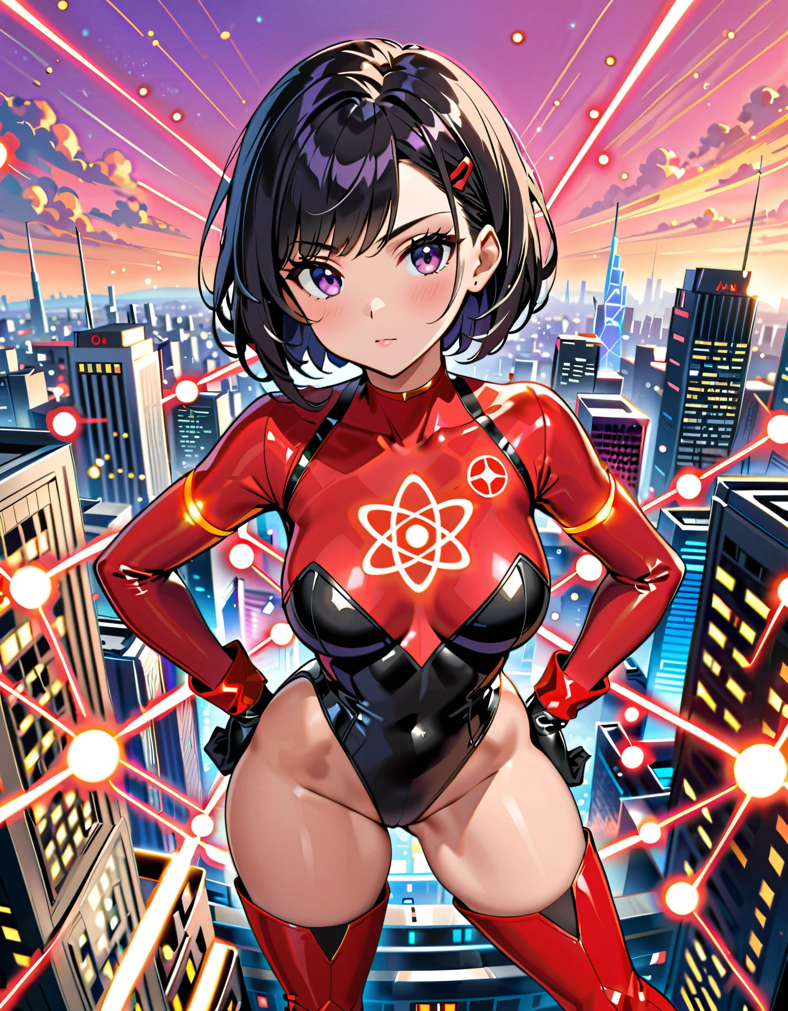 masterpiece, best quality, high resolution, professional, 8k, solo, solo focus, 1female, adult woman, cute and adorable woman, superhero, black hair, short hair, swept bangs, bob hair, purple eyes, beautiful detailed eyes, (leotard, black leotard, red bodysuit, (atomic particle symbol on chest:1.2), bare legs, matching boots, red thigh-high boots:1.2, wrist gloves:1.2, red bracelets:1.2), (body surrounded by atomic particles), hand on hip, city backdrop, standing, looking away, cowboy shot, perfect anatomy, full body costume design.