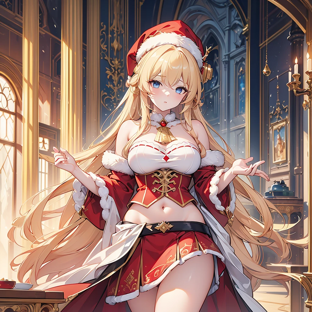 top-quality、Top image quality、​masterpiece、Super beautiful elf beauty((24 year old、Red Santa Costume、Santa Hat、gloves、Best Bust、big bast、Bust 90,beautiful blue long ironed hair、a blond、globe、A A sexyは、A slender、a closeup、Esbian、hiquality、Beautiful Art、Background with((starrysky)))masutepiece、visualart、depth of fields、low angle of night sky、、Elven ears、、light magic、Space Knight、harp melody🎵、Happy smile、Gentle light、、Beautiful legs that are gentle on the skin、、、Number of fingers to achieve precise finger movements、ティッカーBeautiful decoration、elegent、Mystical　　field under the flower garden、Marble pillars, beautiful dressy、winter snow scene on the window、、たくさんのChristmasプレゼント、Temple of Time、marble interior、Renaissance painting、byzantine art、art noveau、Great watch、hour glass、sundial、NSFW.A sexy、Christmas、Beautiful decorationの巨大なChristmasツリー、Beautiful decoration、religious painting、Christmasパーティー、Lots of gifts、toys、fireplace