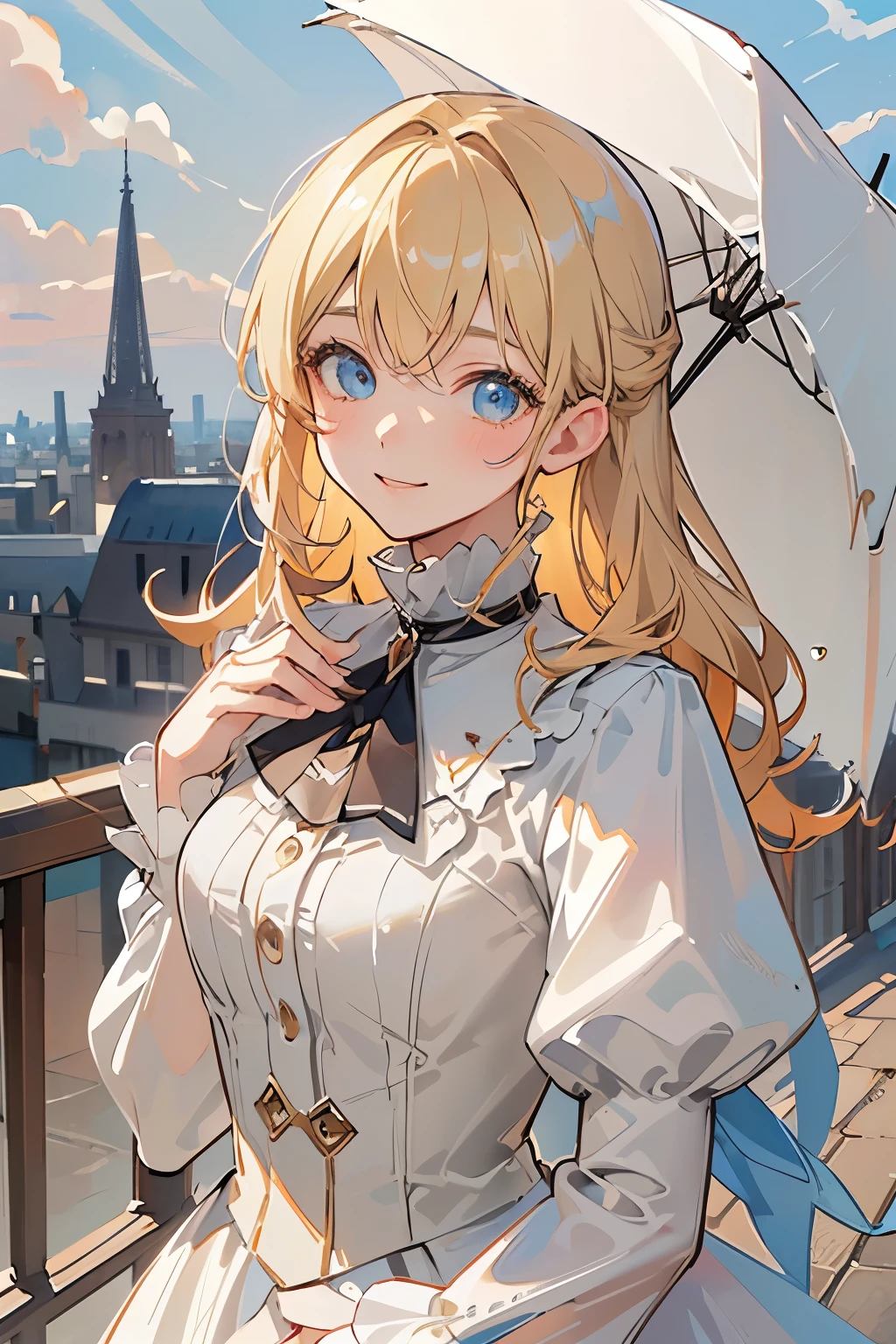 (8K, Highest quality, masterpiece: 1.2), Super detailed, Highest quality, Ultra-high resolution, Silky blonde, Professional Lighting,, Paris , Storm scene, Edwardian woman in white, watercolor  ,smiling