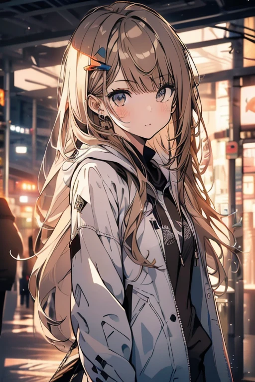 (1 girl,slim,flat chest,Long brown straight hair,Side bangs,slope_eye),(hoodie),(masterpiece,(Super detailed,Attention to detail,High image quality,highest quality:1.2),High resolution),(Happy with me,fun:1.2),(date me on street)