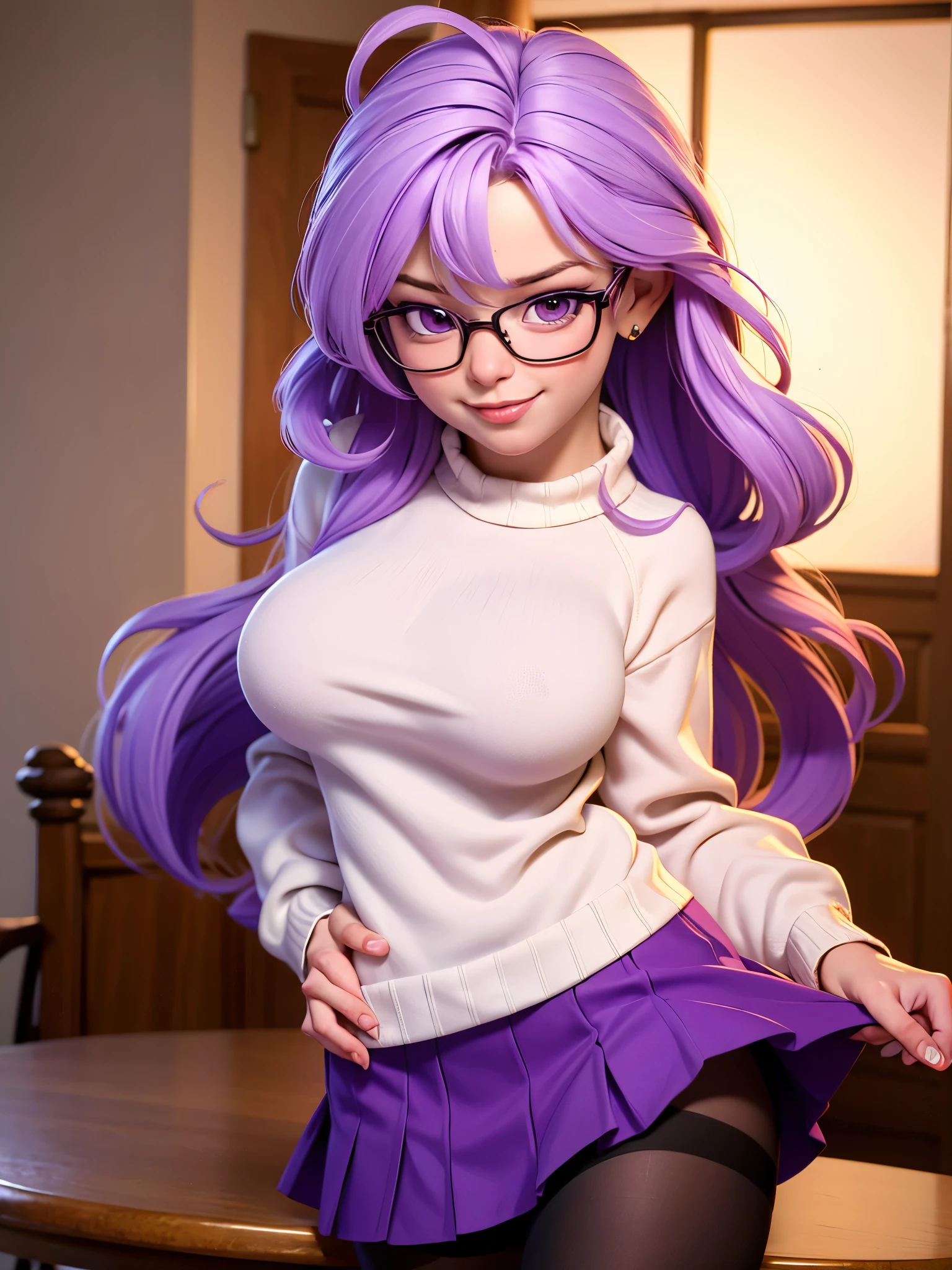 Beautiful teenager, 1girl, purple hair, messy bun hairstyle, blue eyes, freckles on face, happy, smiling, thin frame eyeglasses, thick lips, full lips, huge breasts, extreme cleavage, deep cleavage, very thin body, office clothes, open button-up shirt, sleeveless, bare arms,12cm pencil skirt, tiny pencil skirt, thigh high legwear, high heels, choker, perfect anatomy, ultra-detailed, 4k, 8k, best quality, masterpiece, model, modeling, posing for camera, office background 
