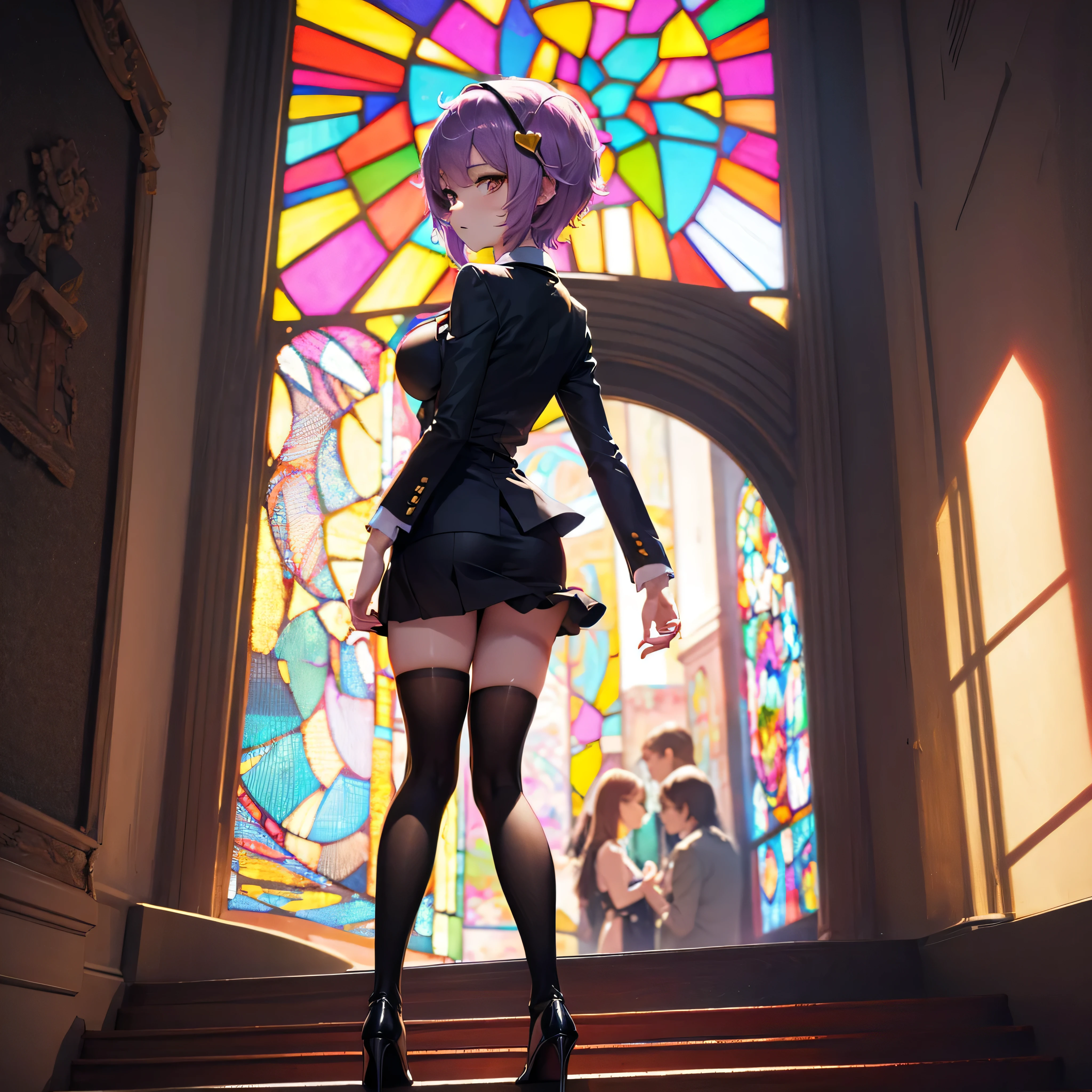 (Satori toho character standing alone), (solo), (stained glass), BREAK, short hair, large breasts, swaying back, (inconceivably narrow skinny waist), very short torso, long legs, BREAK, (black blazer:1.2), (black thighhighs:1.2), very short black skirt, (thigh gap), highheels