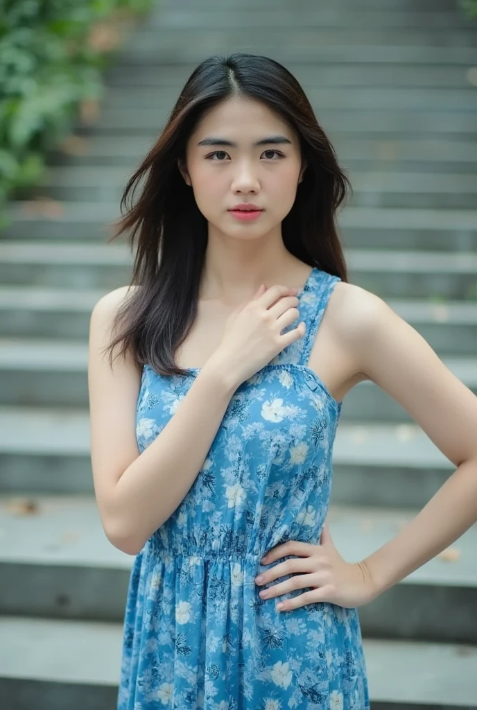 Captured at eye-level, a medium-sized Asian woman stands in front of a set of gray stairs, her hair cascades over her shoulders, her left hand resting on her hip. She is dressed in a sleeveless dress, adorned with a pattern of blue flowers, adding a pop of color to the scene. The background is blurred, creating a stark contrast to the woman's dress.