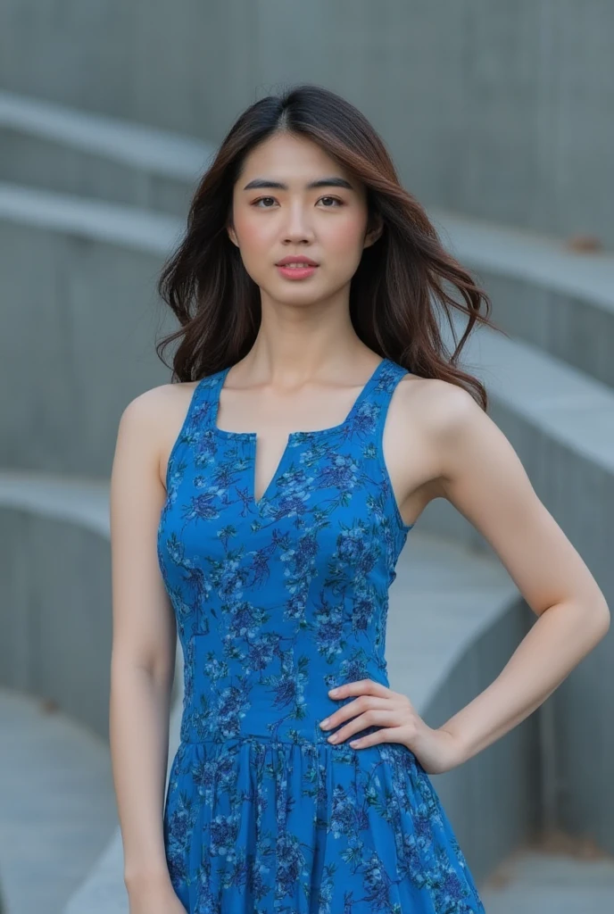 A medium-sized Asian woman stands at eye-level, poised in front of gray stairs. Her cascading hair falls over her shoulders as she rests her left hand on her hip. A sleeveless dress with blue flower pattern adds vibrant color to the scene. The blurred background creates a striking contrast to her dress, drawing attention to her figure.