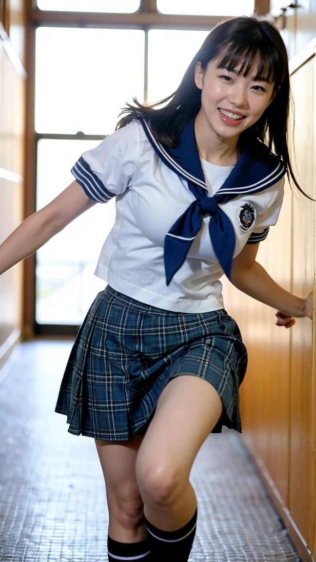 girl taking off blue skirt in sunny wooden school classroom,white sailor shirt,white thong,18-year-old,bangs,a little smile,thighs,knees,short hair with low pigtails bunches,from beside,front light