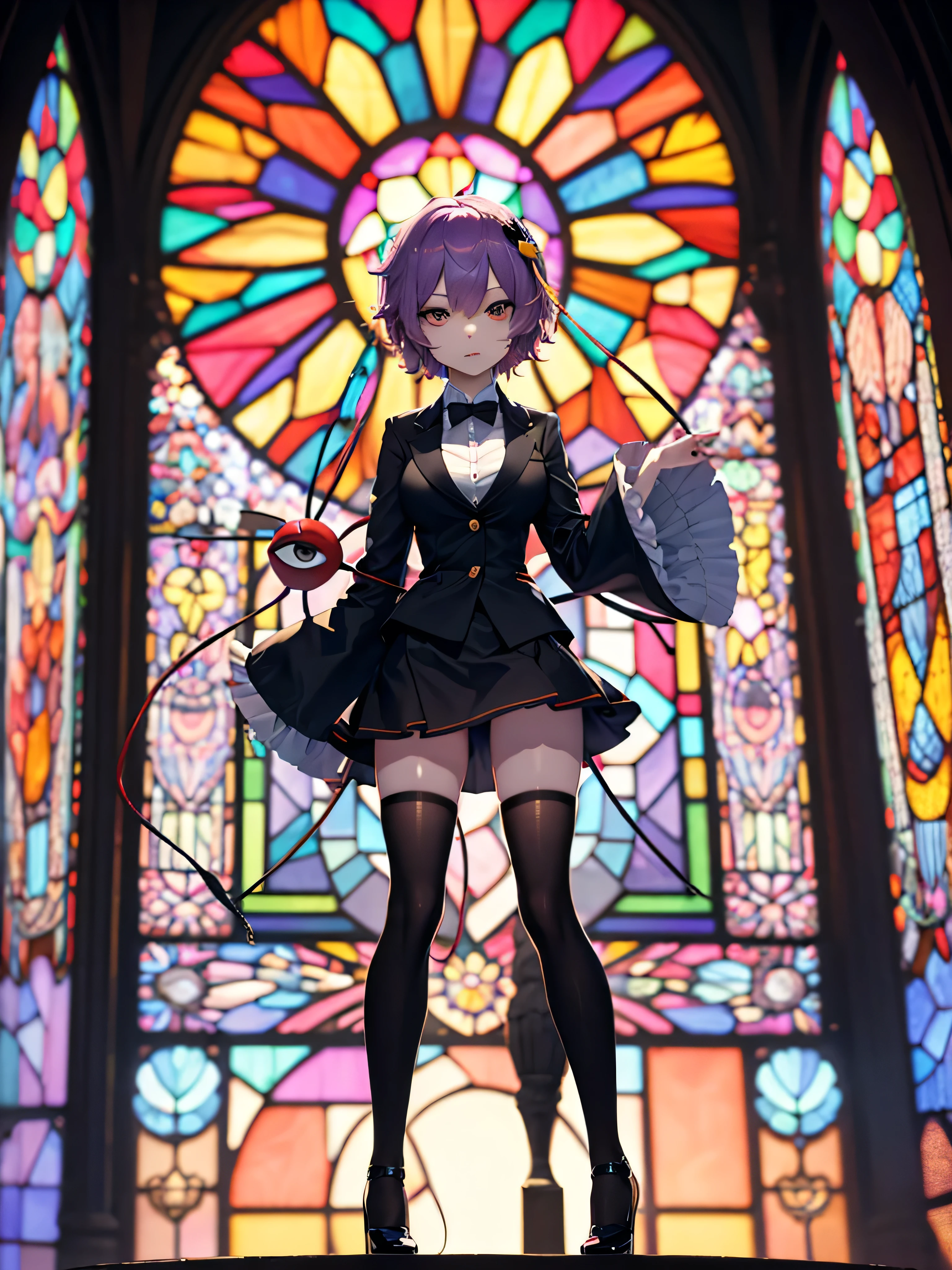 (Satori toho character standing alone), (solo), (stained glass), BREAK, short hair, large breasts, swaying back, (inconceivably narrow skinny waist), very short torso, long legs, BREAK, (black blazer:1.2), (black thighhighs:1.2), very short black skirt, (thigh gap), highheels