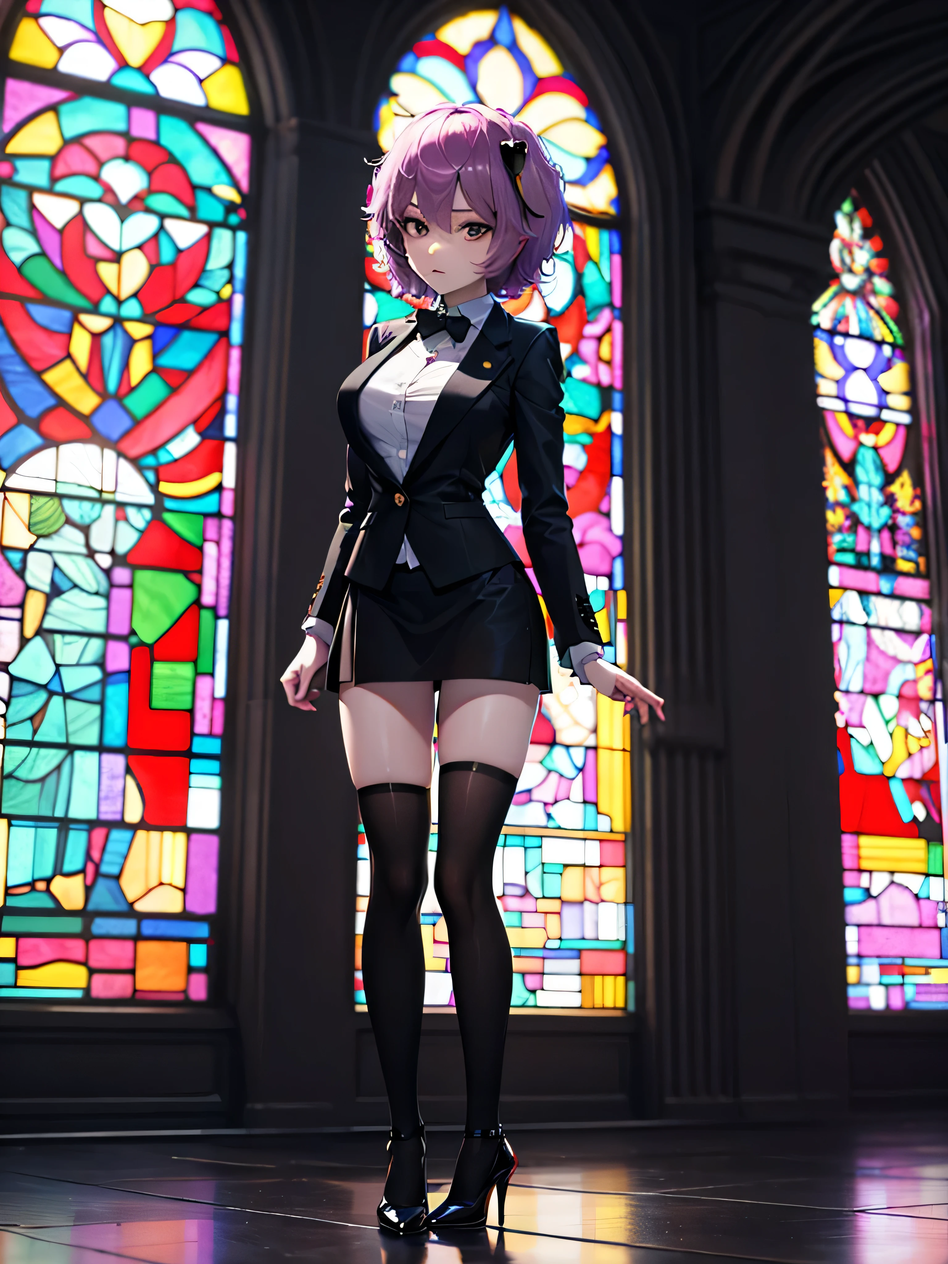 (Satori toho character standing alone), (solo), (stained glass), BREAK, short hair, large breasts, swaying back, (inconceivably narrow skinny waist), very short torso, long legs, BREAK, (black blazer:1.2), (black thighhighs:1.2), very short black skirt, (thigh gap), highheels