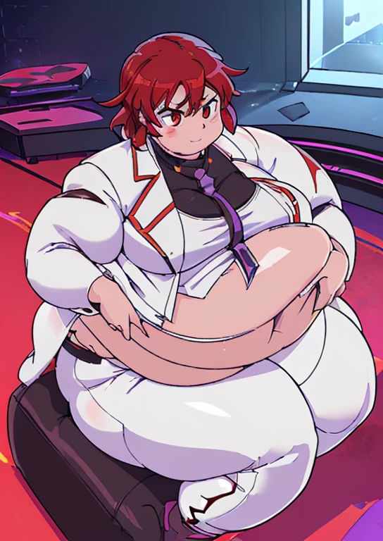 ((best quality, 4k, 8k, anime girl, masterpiece)), ((((beautiful extremely detailed face)))), (((beautiful eyes, red eyes))), ((hard skin)), cinematic lighting, ((perfect anatomy)), (((chubby, SSBBW, tall, (((extremely huge belly, very round belly, huge bulging belly, extremely thick belly, smooth belly, bouncy))), skinny arms, very thick legs, very thick thighs, large hips))), (full body view), ((thick outlines, anime style, neon colours)), (((raiko horikawa))), (((white labcoat, black inner croptop, necktie, white pants))), (((vibrant red hair, bangs))), sharp smile, (cyberpunk, indoor studio, ((audio macines)),), (((lightning drum, sit down))),