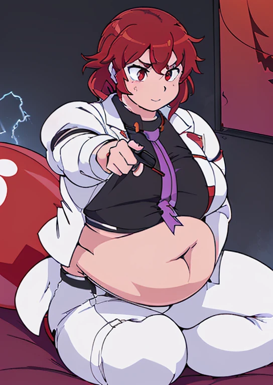 ((best quality, 4k, 8k, anime girl, masterpiece)), ((((beautiful extremely detailed face)))), (((beautiful eyes, red eyes))), ((hard skin)), cinematic lighting, ((perfect anatomy)), (((chubby, SSBBW, tall, (((extremely huge belly, very round belly, huge bulging belly, extremely thick belly, smooth belly, bouncy))), skinny arms, very thick legs, very thick thighs, large hips))), (full body view), ((thick outlines, anime style, neon colours)), (((raiko horikawa))), (((white labcoat, black inner croptop, necktie, white pants))), (((vibrant red hair, bangs))), sharp smile, (cyberpunk, indoor studio, ((audio macines)),), (((lightning drum, sit down))),