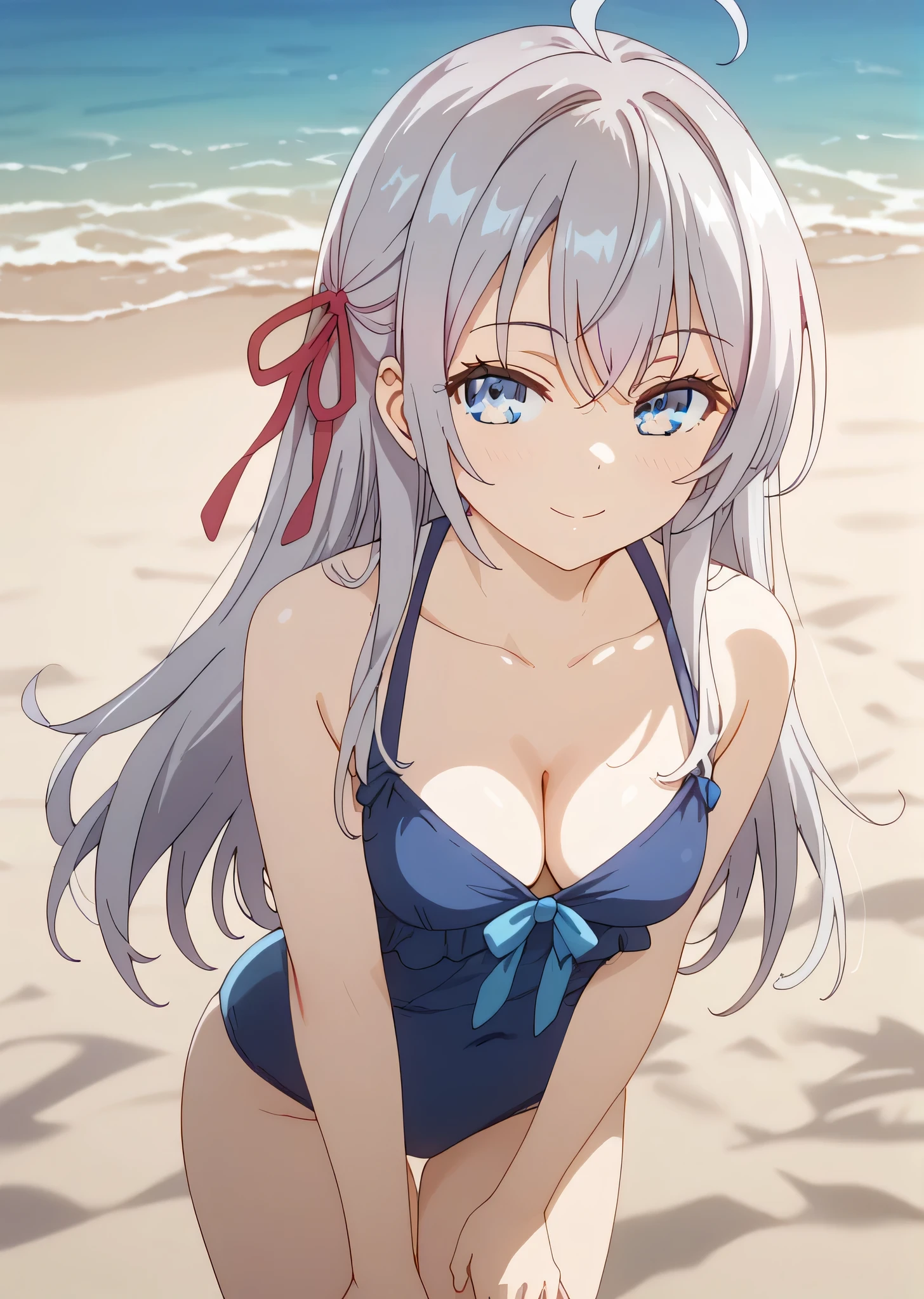 anime art style, 2d, masterpiece, best quality, very aesthetic, absurdres, dynamic shadows, atmosferic, vladilena_millize, (1girl), ((silver hair)), long hair, (red streaked hair), (silver eyes), narrowed eyes, detailed eyes, ahoge, hair between eyes, bangs, medium breasts, cleavage, collarbone, makeup, sexy, frilled bikini, white bikini, sexy smile, arms behind head, ((cowboy shot)), all fours, top-down_bottom-up , from below, beach, clouds, sky, houses, looking at viewer