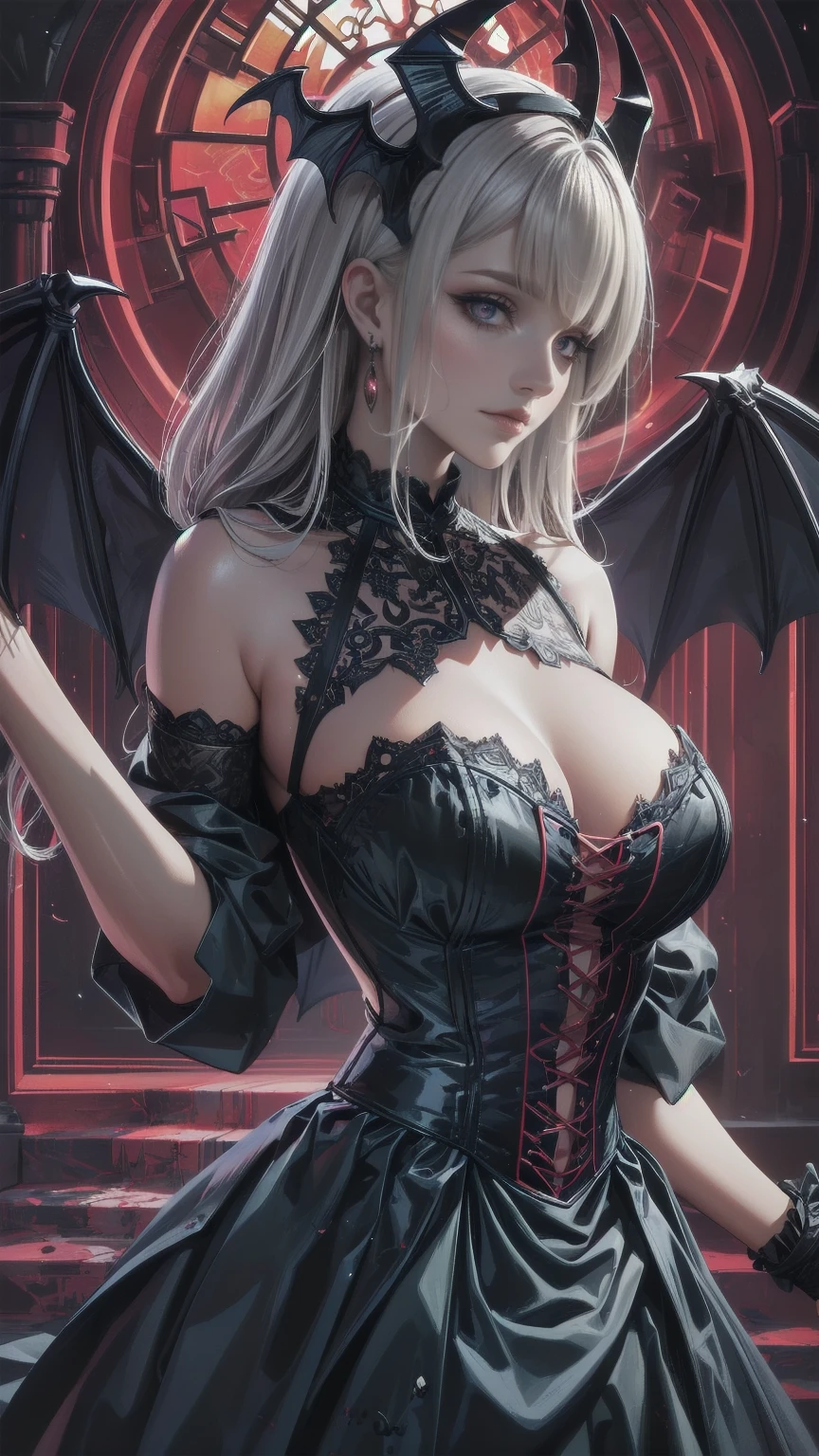 Highly detailed wallpaper, Extremely detailed, Detailed Shadows, Extremely precise and detailed, Highly detailed 8k wallpapers, Very beautiful 8K CG wallpaper,Old ruined church. . Her black dress is torn，There are stains in many places. Her Gray Hair is dull, Long and Disturbed. Light shines through a broken stained glass window。.Demon horns on head.It has bat wings on its back.tooth,(Best Writing, Extremely delicate and beautiful),(Best Writing, Extremely delicate and beautiful), (Beautiful and delicate face), (Detailed eyes and face:1.2), Dark fantasy, Alone, Cute Smile, Gray Hair, Dynamic Angle, vampire), (gaint vampire castle in background), (Red Moon, Red Sky), pointed_, tooth, Devil&#39;s Wings, Devil horns, There is blood on the face, Blood Rain, Blood Mist, (Depth of written boundary), High Contrast, (Blood splatter:1.4), Cowboy Shooting, whole body,Little b doll, Cool Beauty, Makeup, Affectionate and lewd expression, Captivating eyes, Yandere, Crazy Smile, Scary smile, Wicked Smile, A mean smile, Green, Malicious smile, Creepy Smile, Big Eyes, Big Mouth, compensate, Yellow fluffy messy wavy short hair, Ahoge, Straight bangs, Wearing a fluffy red gothic dress, Perfect proportions, BREAK Halloween Effect, Fog filter effect, Glitter effect, BREAK Orange background, Purple and black paper cutting and shadow art, Low Bit Mosaic, Spiral random color change effect, Destroy delicate and dynamic textures, Light and shadow contrast, 2.5D, Artistic photography, Surreal, Digital Graphic CG, Break Super Details, The perfect solution, Best Quality
