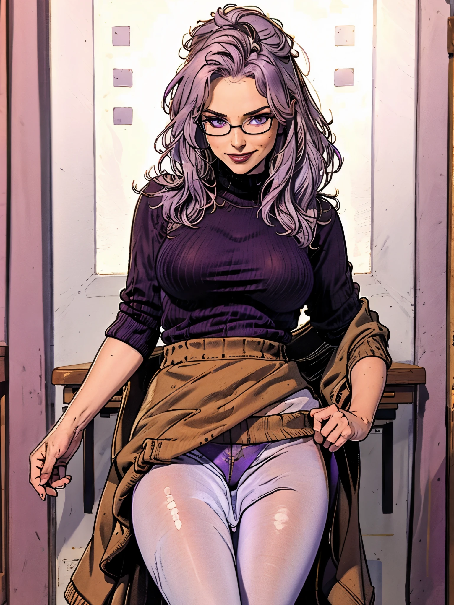 masterpiece, best quality, 1girl, ((looking at viewer)), lilac hair, purple eyes, long hair,  ahoge, sweater, sweater skirt, pantyhose, 163cm, hair between eyes, large breasts, adult, 3, mature, glasses, solo, sole, smile