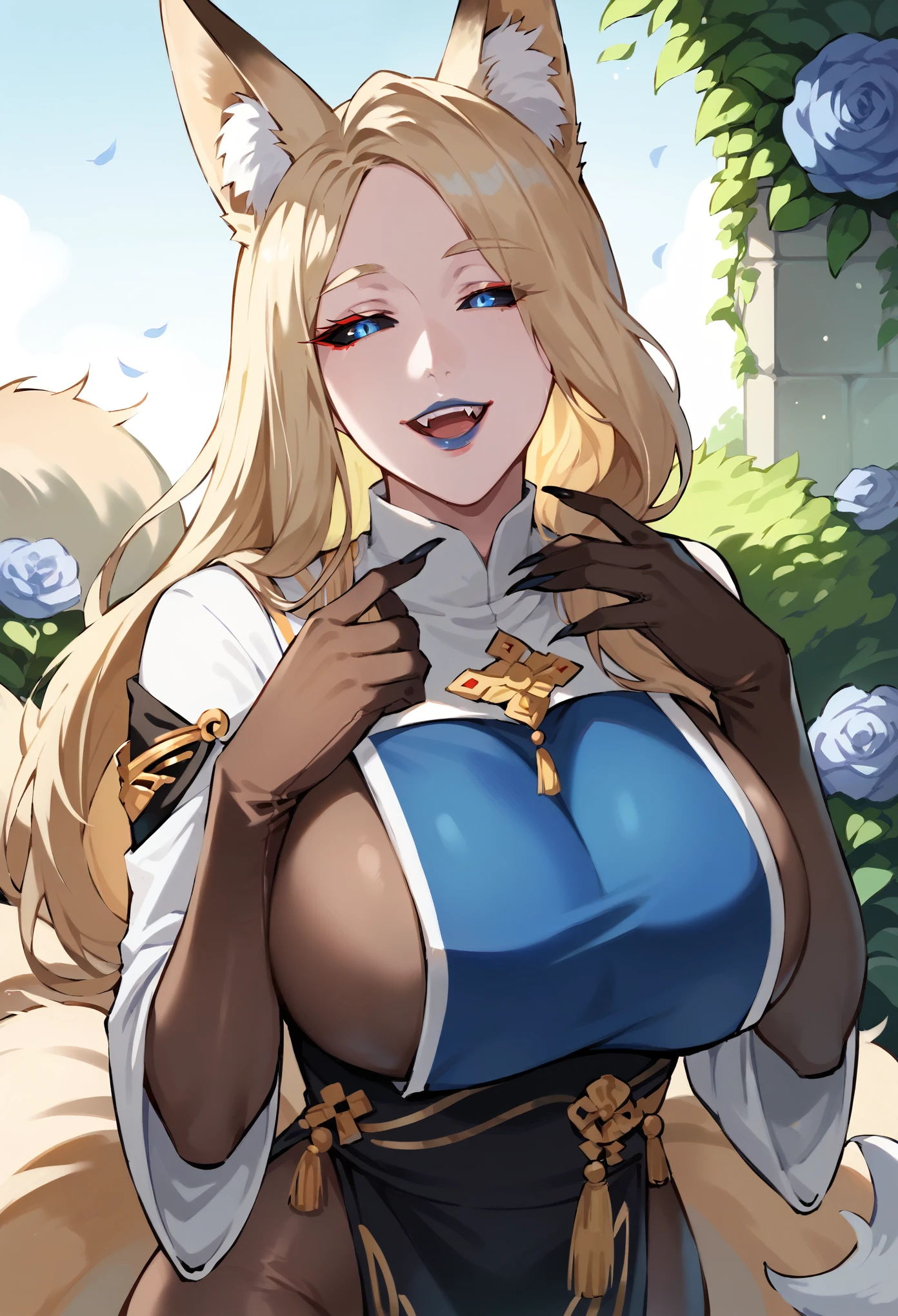 masterpiece, score_9_up, score_8_up, score_7_up, 1girl, milf, solo, monster girl, (kitsune:1.4), defMercie, (large breasts:1.8), (((light blonde hair), long hair, long sidelocks, parted angs, black sclera, blue eyes, half-closed eyes, fox ears, fox tail)), lipstick, blue lips, ((bodystocking, tabard, gloves)), ((light smile), open mouth, upper teeth, fangs)), ((finger on own lips, garden))