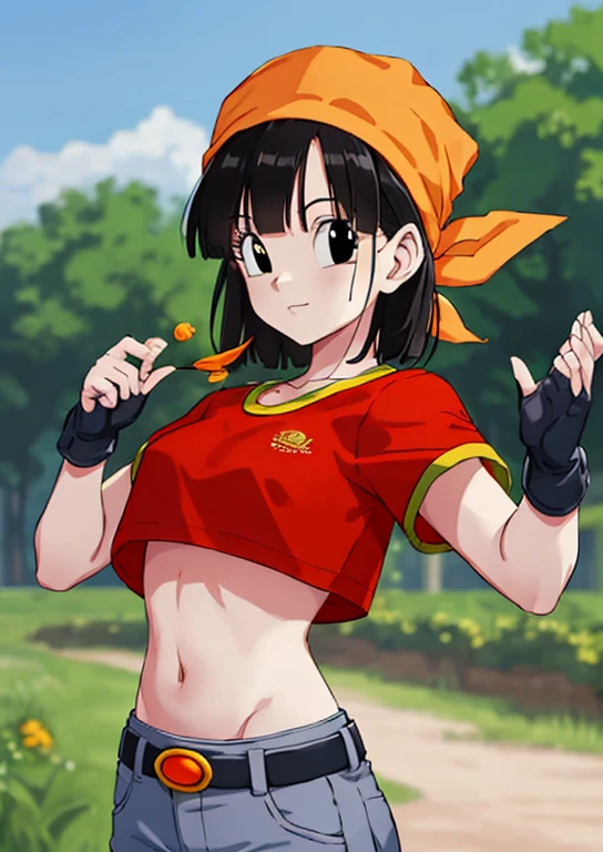 masterpiece, The best quality, highest qualityr, photorealistic, perfect anatomy, Perfect face, perfect eyes, orange bandana, pandballgt, 1girl, black eyes, black hair, short hair, orange bikini, pants, fingerless gloves, red shirt, Crop top, Outdoors, girl woman (((brasier)))