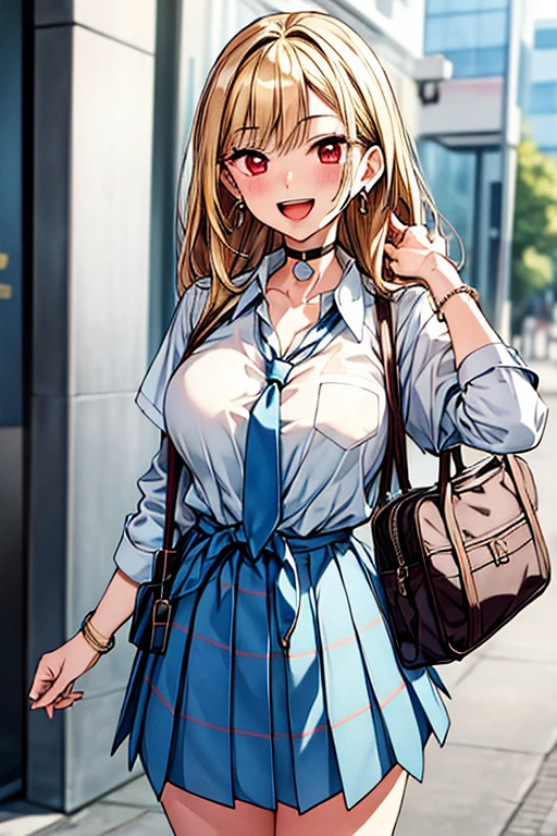 (((masterpiece))), Full HD, marinkitagawa, One person女の子, Long Hair, View your viewers, , smile, Open your mouth, skirt, Blonde, Large Breasts, shirt, Red eyes, One person, holding, Clevis, jewelry, school uniform, white shirt, :d, pleated skirt, Earrings, Outdoor, tie, teeth, Solo Focus, Choker, collared shirt, bag, Blurred, bracelet, blue skirt, Check pattern, Blurred background, black Choker, Check pattern skirt, Telephone, Earrings, cellTelephone, ear Earrings, holding Telephone, school bag, blue tie, tied shirt, bead bracelet,
