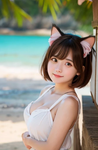 a hyper-realistic portrait of a young woman,Under the tree,at a forest,in the middle of nature,age 22,realisticlying,(lie on one's side),Raised sexy,(2:1),with short brown hair,(Hair tied with a bow),curving,nsfw,(Huge breasts :1.5)