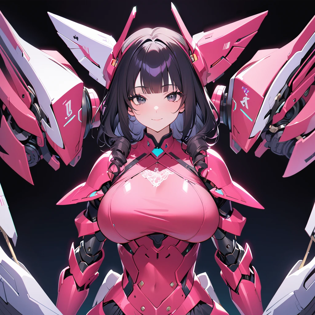 (a curvy woman,beautiful detailed eyes,beautiful detailed lips,extremely detailed eyes and face,longeyelashes,piercing eyes,seductive smile),Gundam pilot suit,sexy giant robot,illustration,ultra-detailed,best quality,HD,studio lighting,professional,vivid colors,portraits,sci-fi,red,purple,pink,soft lighting
