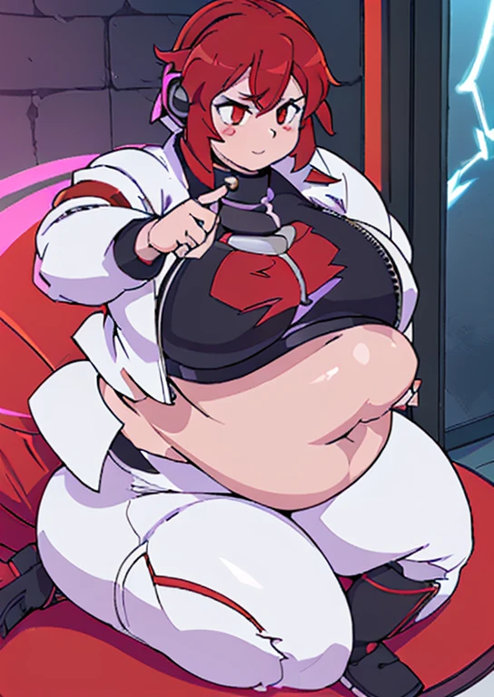 ((best quality, 4k, 8k, anime girl, masterpiece)), ((((beautiful extremely detailed face)))), (((beautiful eyes, red eyes))), ((hard skin)), cinematic lighting, ((perfect anatomy)), (((chubby, SSBBW, tall, (((extremely huge belly, very round belly, huge bulging belly, extremely thick belly, smooth belly, bouncy))), skinny arms, very thick legs, very thick thighs, large hips))), (full body view), ((thick outlines, anime style, neon colours)), (((raiko horikawa))), (((white labcoat, black inner croptop with zipper, cleavage, white pants))), (((vibrant red hair, bangs, headphones))), (cyberpunk, indoor), (((lightning drum, sit down))), smile, jitome,