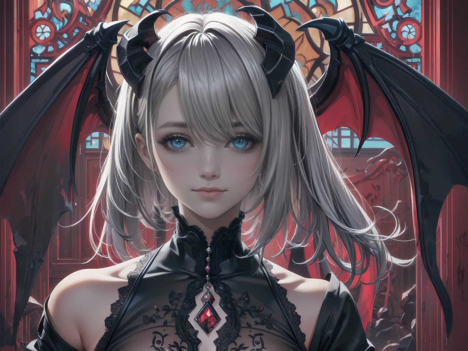 Highly detailed wallpaper, Extremely detailed, Detailed Shadows, Extremely precise and detailed, Highly detailed 8k wallpapers, Very beautiful 8K CG wallpaper,Old ruined church. . Her black dress is torn，There are stains in many places. Her Gray Hair is dull, Long and Disturbed. Light shines through a broken stained glass window。.Demon horns on head.It has bat wings on its back.tooth,(Best Writing, Extremely delicate and beautiful),(Best Writing, Extremely delicate and beautiful), (Beautiful and delicate face), (Detailed eyes and face:1.2), Dark fantasy, Alone, Cute Smile, Gray Hair, Dynamic Angle, vampire), (gaint vampire castle in background), (Red Moon, Red Sky), pointed_, tooth, Devil&#39;s Wings, Devil horns, There is blood on the face, Blood Rain, Blood Mist, (Depth of written boundary), High Contrast, (Blood splatter:1.4), Cowboy Shooting, whole body,Little b doll, Cool Beauty, Makeup, Affectionate and lewd expression, Captivating eyes, Yandere, Crazy Smile, Scary smile, Wicked Smile, A mean smile, Green, Malicious smile, Creepy Smile, Big Eyes, Big Mouth, compensate, Yellow fluffy messy wavy short hair, Ahoge, Straight bangs, Wearing a fluffy red gothic dress, Perfect proportions, BREAK Halloween Effect, Fog filter effect, Glitter effect, BREAK Orange background, Purple and black paper cutting and shadow art, Low Bit Mosaic, Spiral random color change effect, Destroy delicate and dynamic textures, Light and shadow contrast, 2.5D, Artistic photography, Surreal, Digital Graphic CG, Break Super Details, The perfect solution, Best Quality
