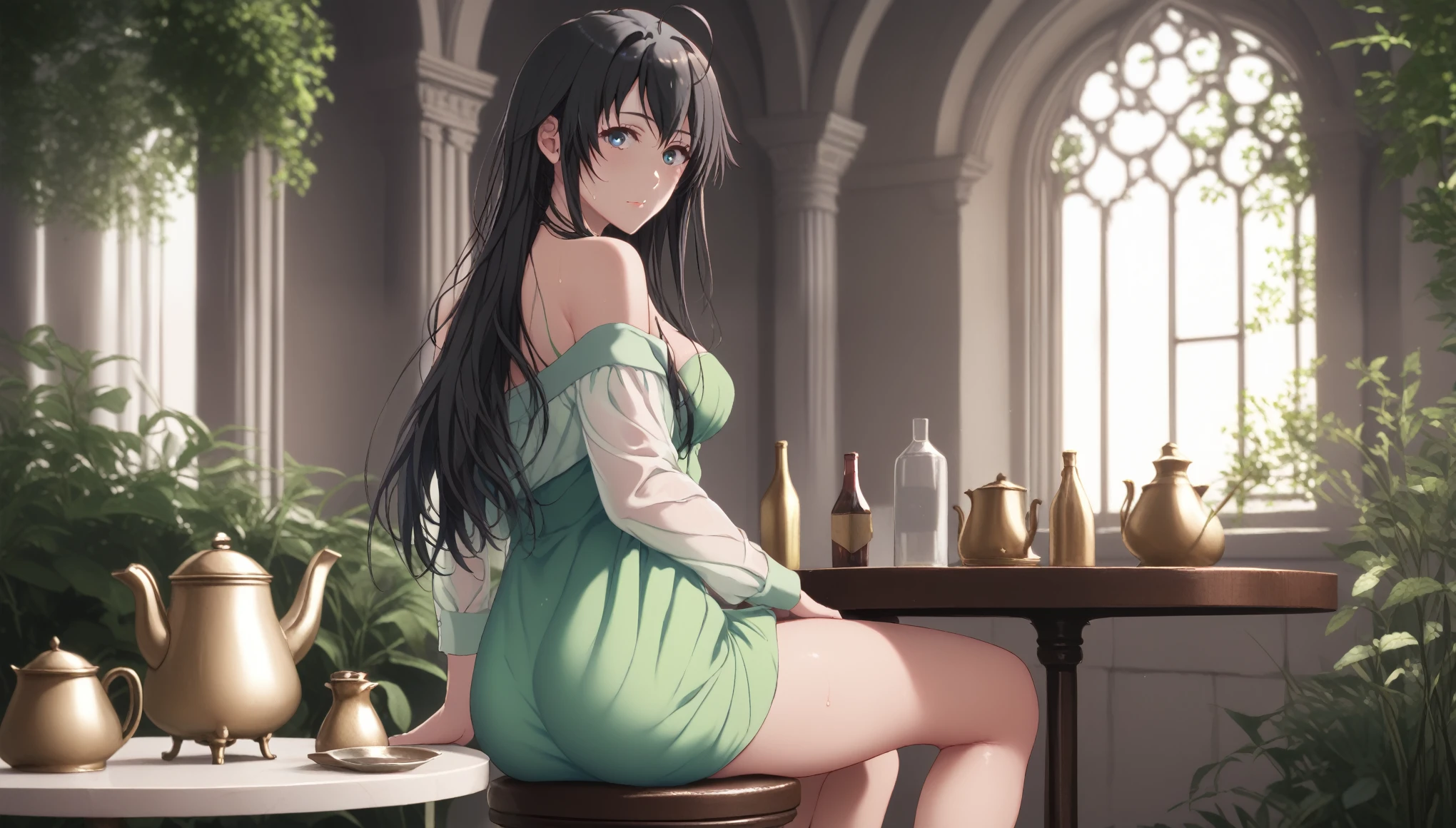 score_9, score_7_up, score_6_up, uncensored, yukino yukinoshita, black hair, blue eyes, long hair, ahoge, BREAK beautiful detailed eyes, beautiful detailed lips, extremely detailed face and portrait, elegant expression, soft warm lighting, volumetric lighting, cinematic composition, detailed environment, lush garden, vibrant colors, intricate details, masterpiece, high resolution, digital painting, excessive sweating, sweating profusely, sweating drop BREAK, 1girl, green dress, ass, sitting, solo, dress, breasts, short dress, table, looking at viewer, blush, indoors, off shoulder, medium breasts, thighs, off-shoulder dress, closed mouth, notice lines, bare shoulders, bottle, bare legs, kettle, looking back, long sleeves, see-through, stool, off-shoulder jacket, jacket, open clothes, from behind, black lips, gloomy expression,
